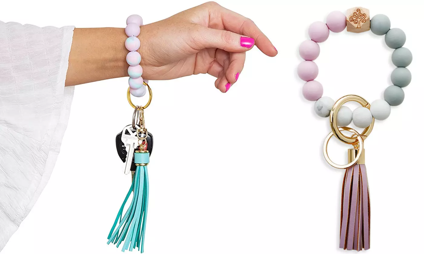 Silicone Beaded Bracelet Keychain Wristlet Key Ring Bangle Chains with Tassel - Primary Image