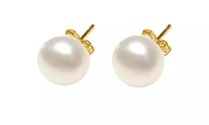 10K Yellow Gold Plated 12 mm White Pearl Button Stud Earrings - Second Medium