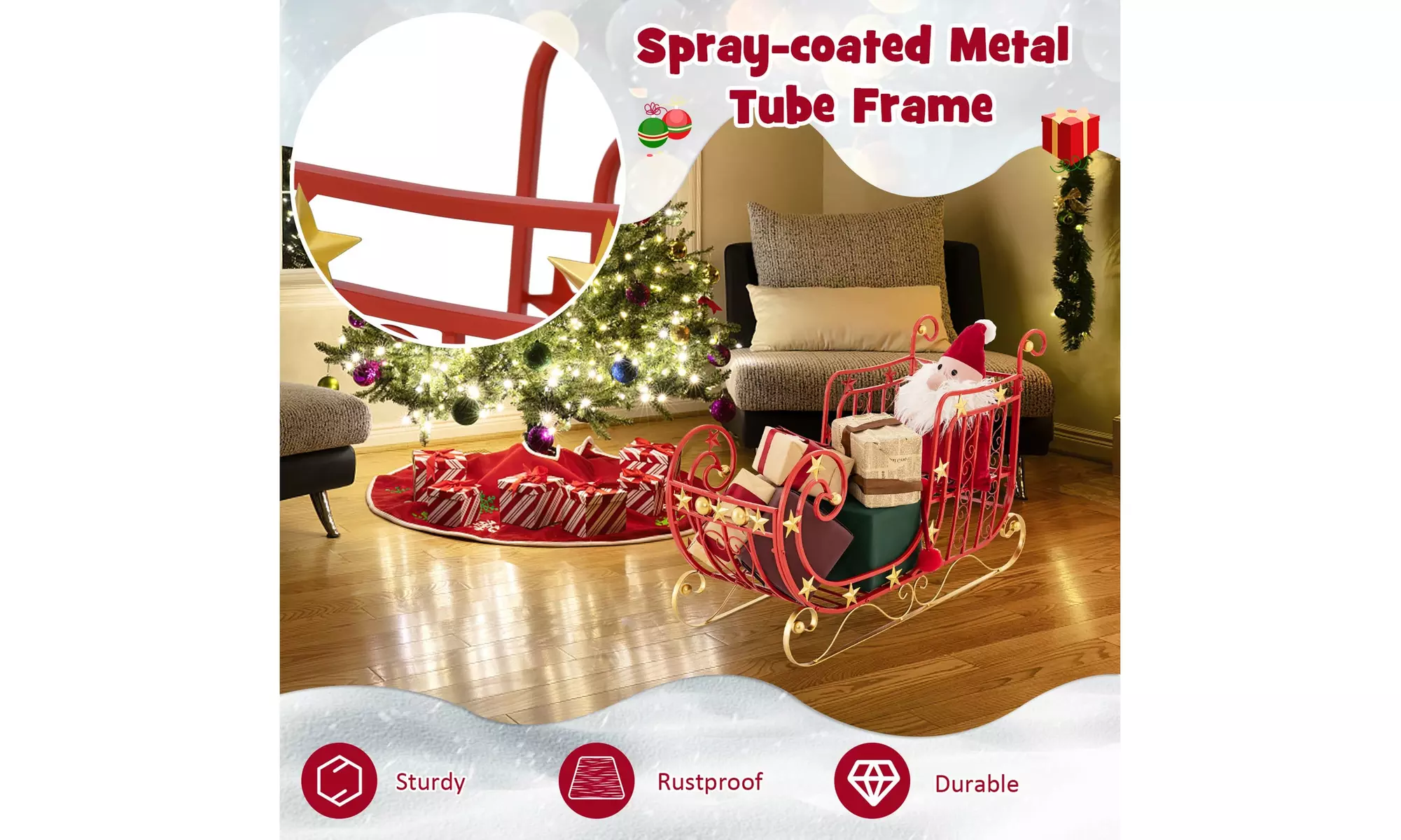Costway Red Santa Sleigh w/ Large Cargo Area Gifts Metal Christmas Holiday Decor