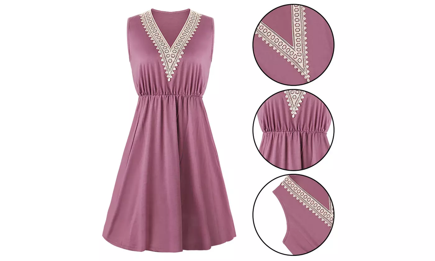 Women's Casual V-Neck Summer Dresses Sleeveless Midi Sundress with Side Pockets