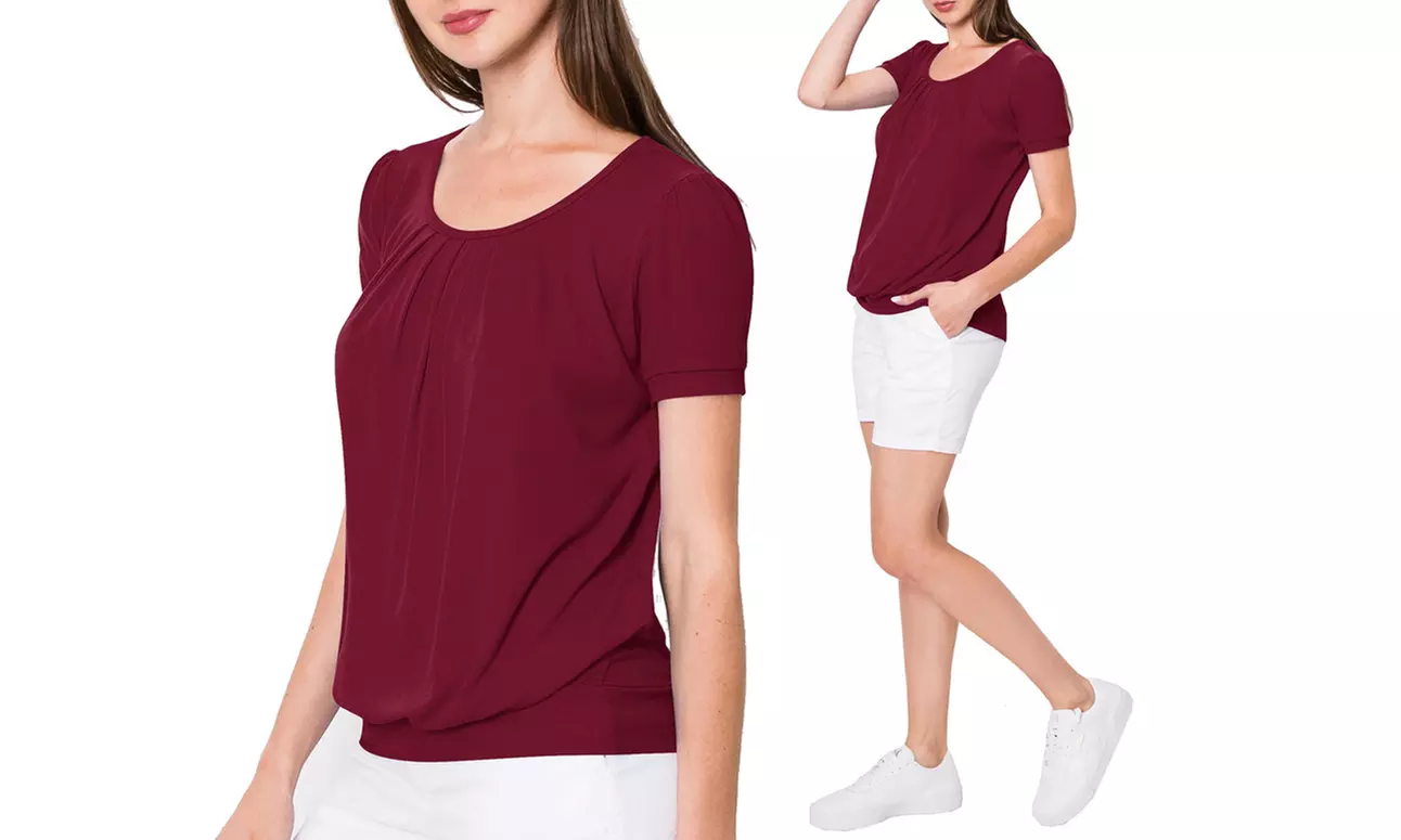 Made by Johnny Women's Scoop Neck Short Sleeve Front Pleated Blouse