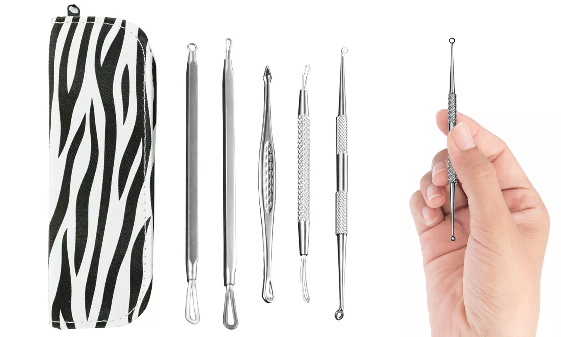 Blemish and Blackhead Remover Tool Kit with Zebra Print Case - 5 Piece - Second Medium