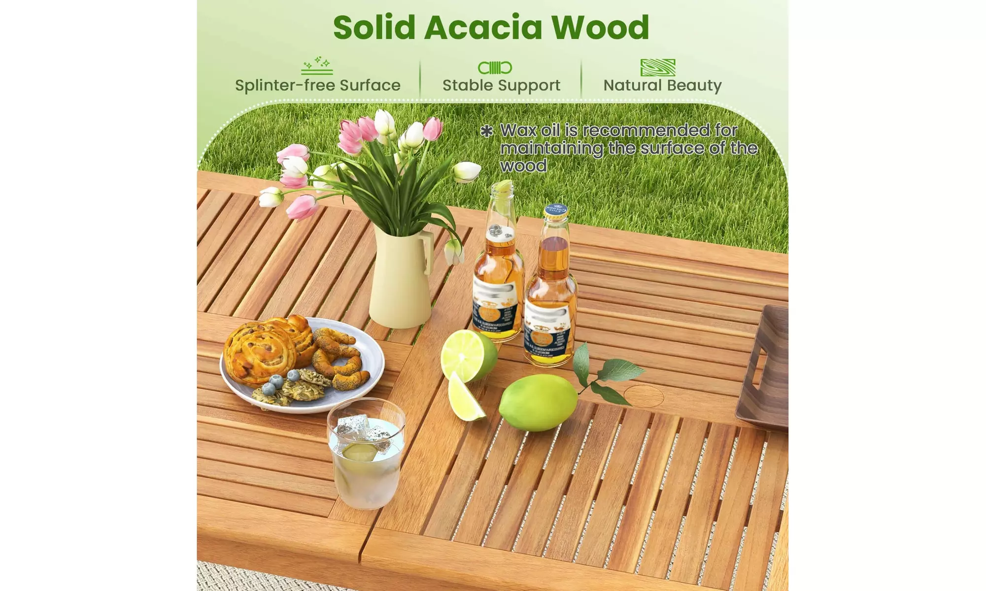 Costway 6/8-Person Outdoor Acacia Wood Dining Table with 1.96" Umbrella Hole