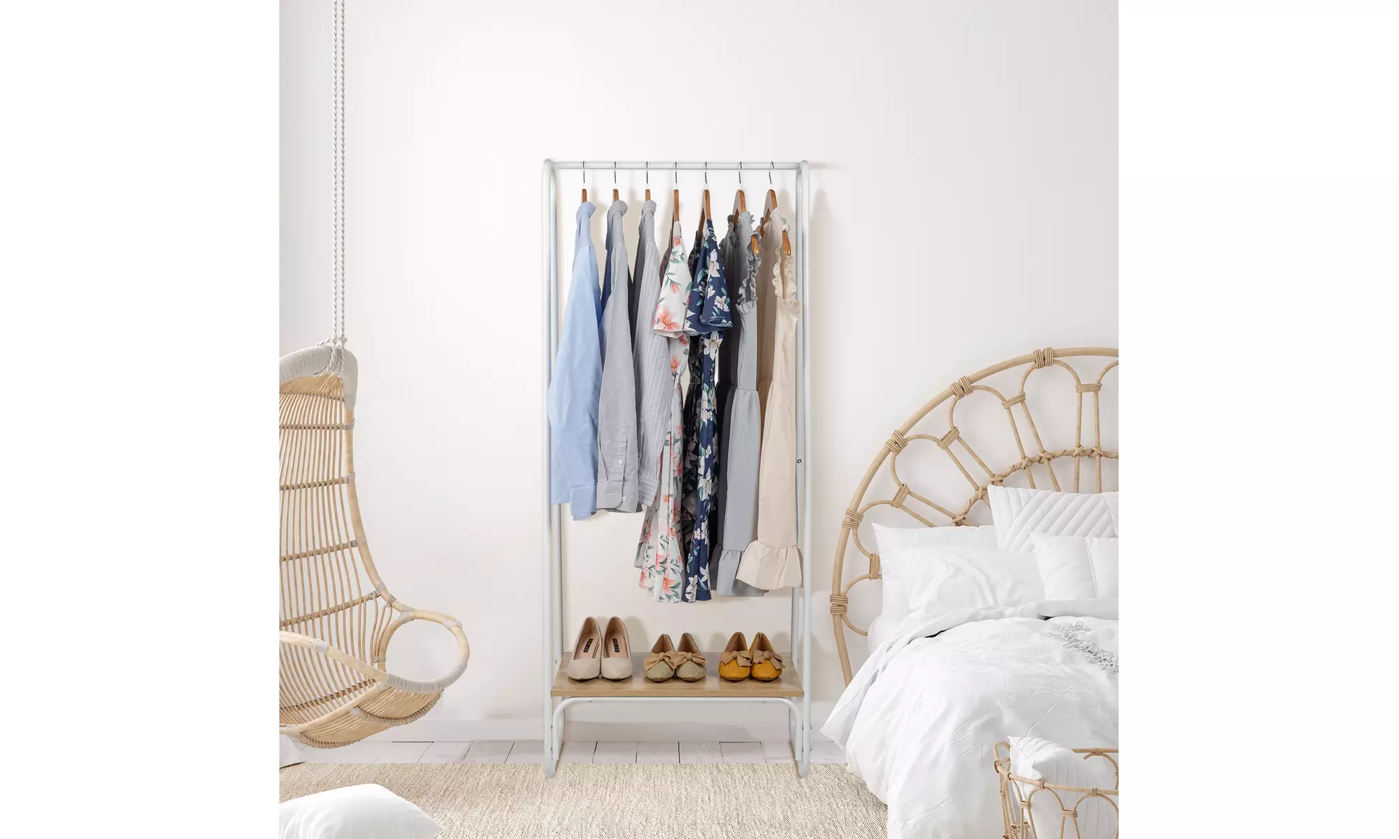 Clothes Rack with Wood Shelf, Freestanding Clothing Rack Garment Rack
