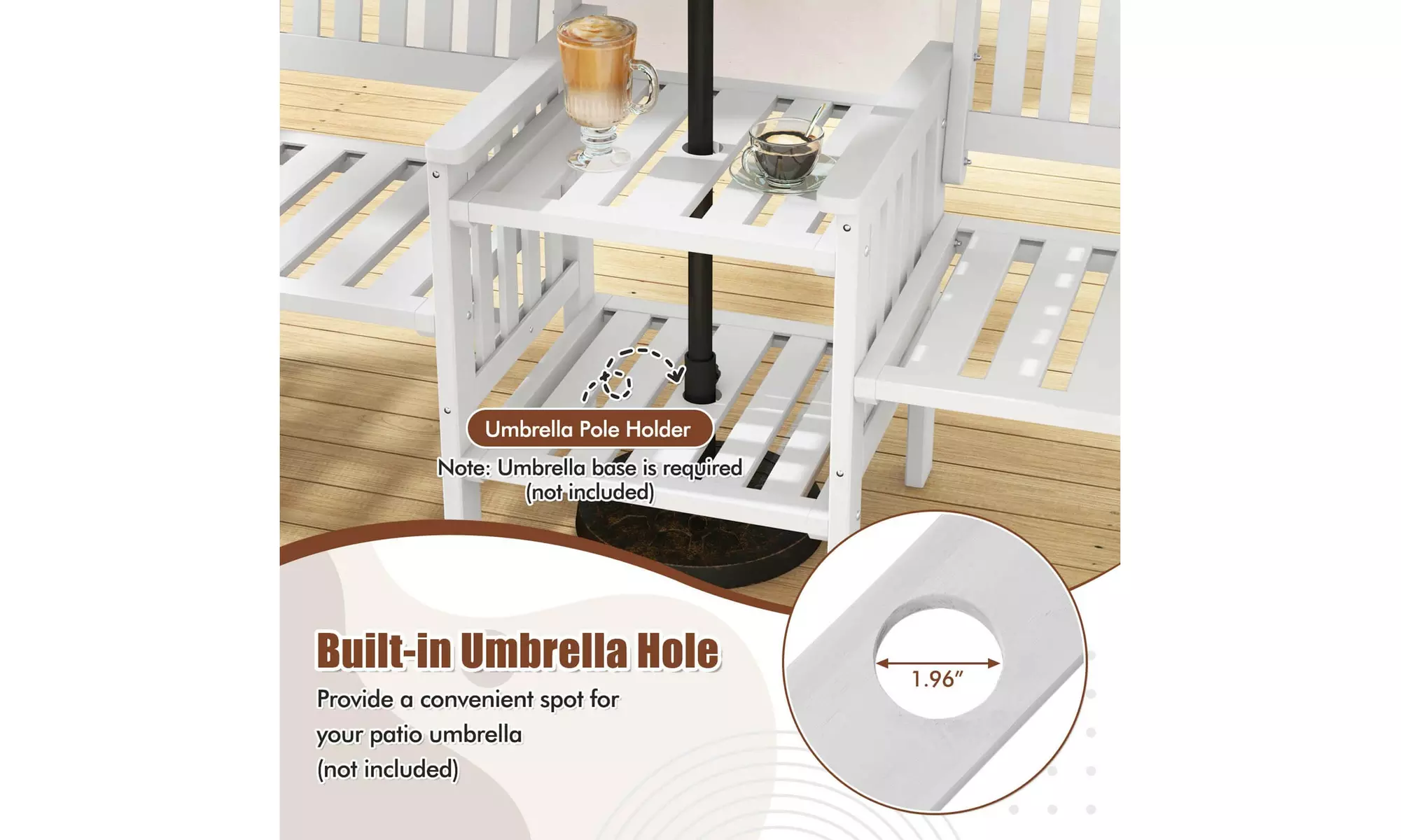 Costway Outdoor Fir Wood Loveseat with 2-Tier Side Table and 1.96" Umbrella Hole