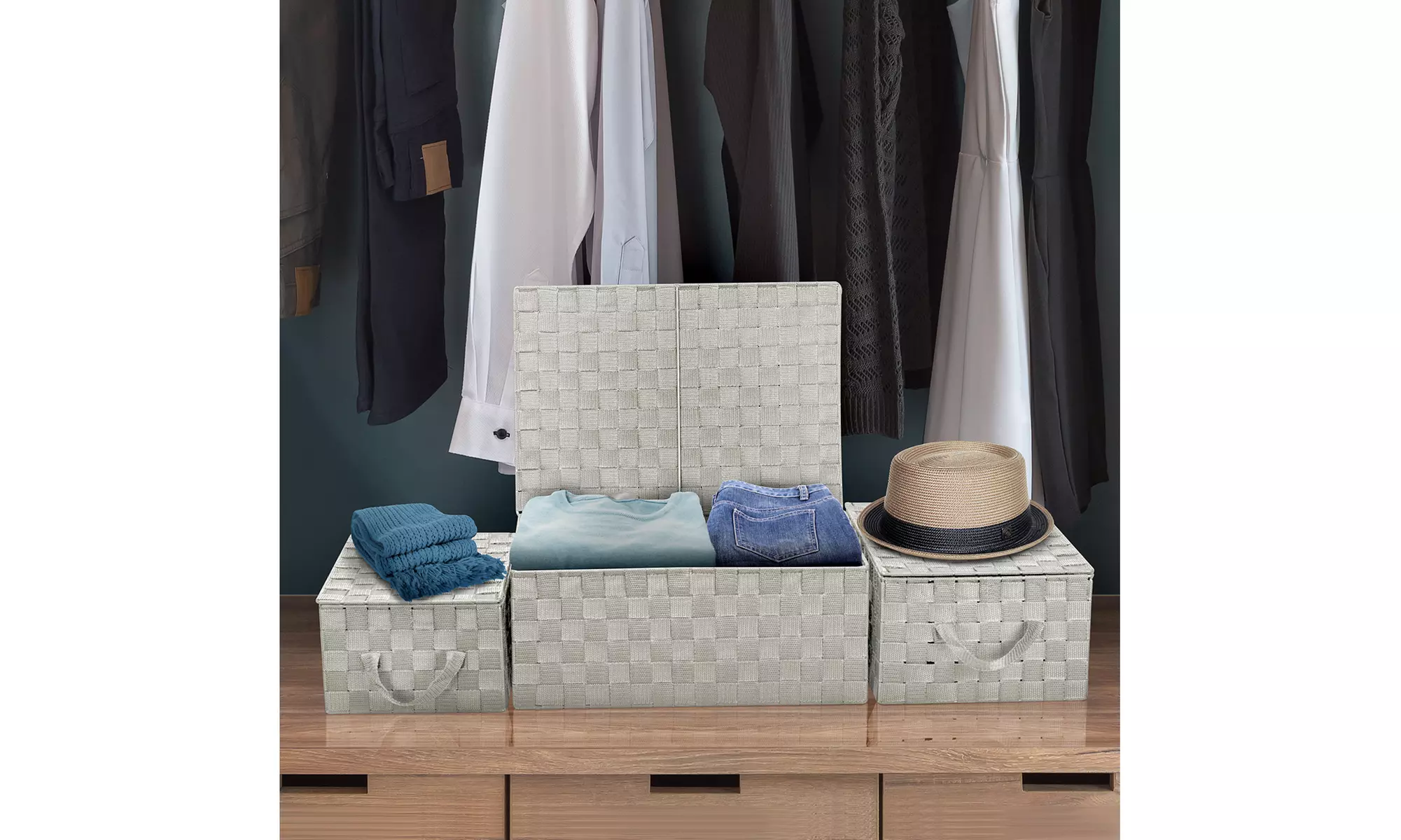 3-Pack Storage Box w/ Lid for Closet & Shelves - Woven Fabric Basket Organizer