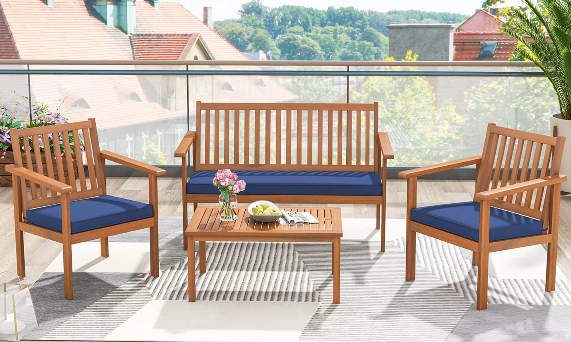 Costway 4 PCS Patio Wood Furniture Set with Loveseat, 2 Chairs & Coffee Table