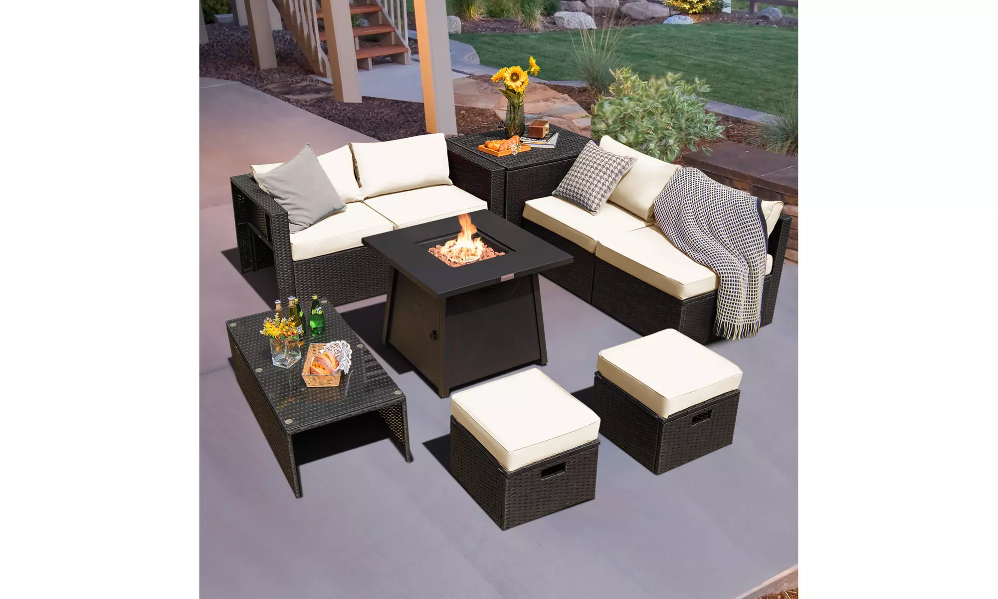 Costway 9PCS Patio Rattan Furniture Set Fire Pit Space-saving W/Cover  Cushion