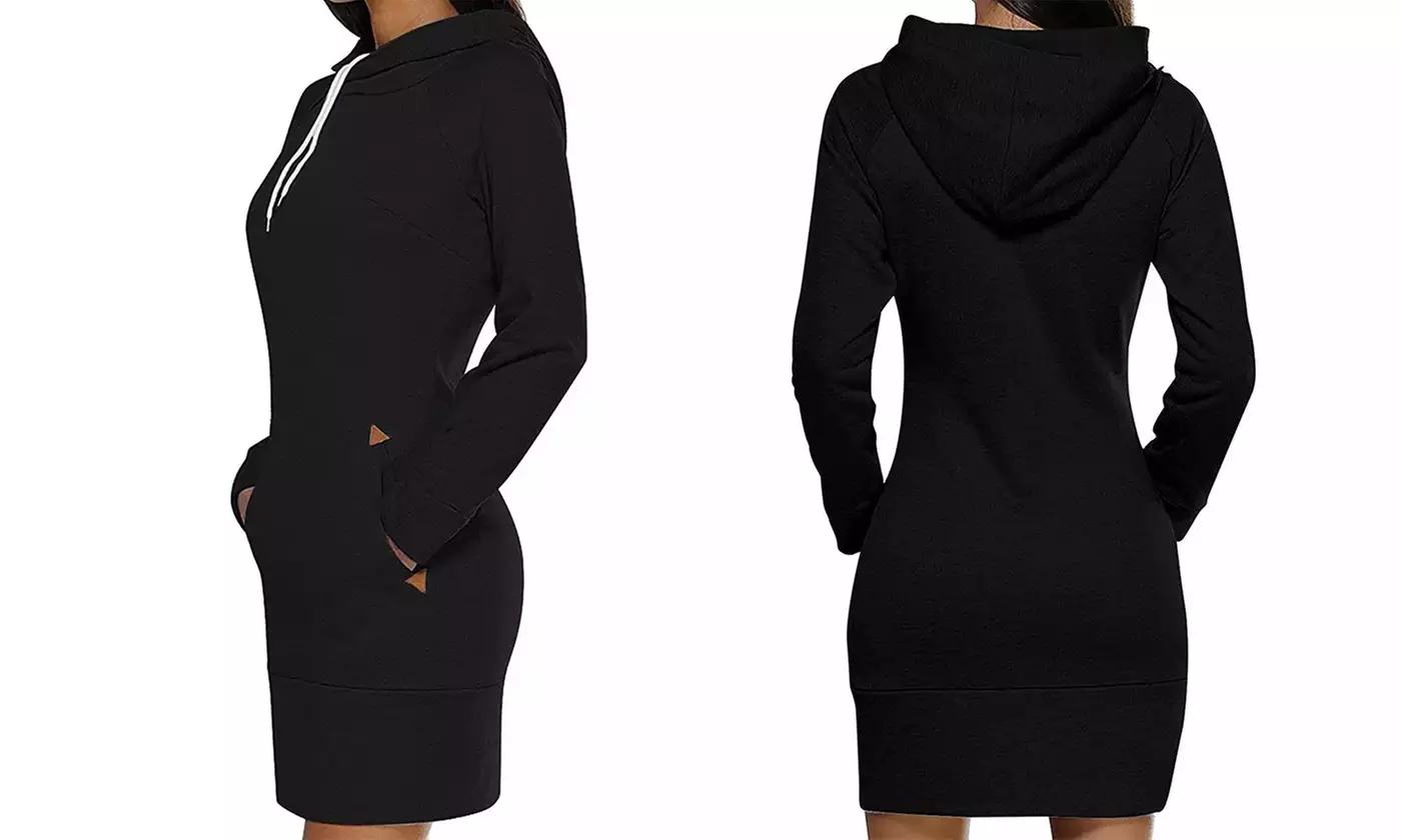 Womens Long Sleeve Hoodie Sweatshirt Pullover Sweater Jumper Dress with Pocket