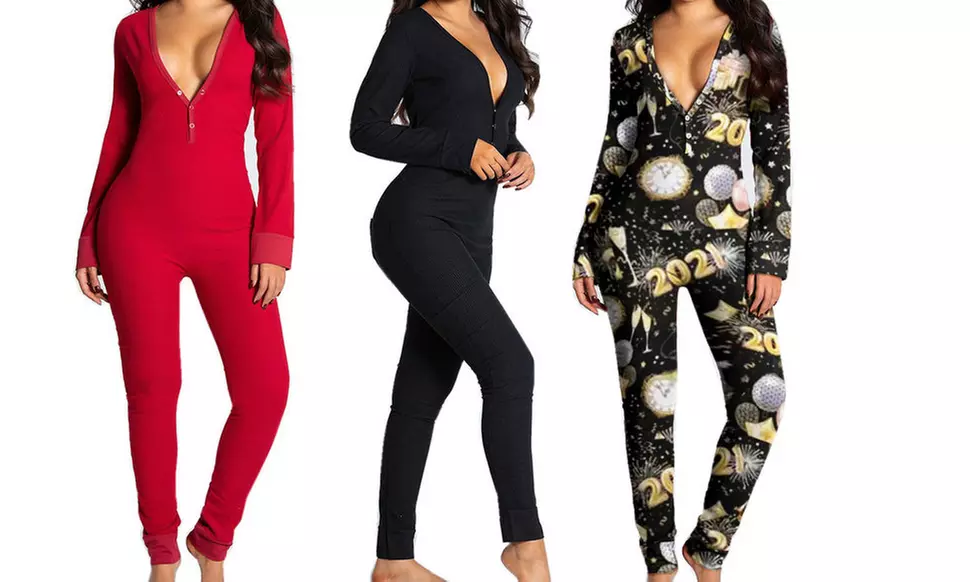  Women's Sexy Long Sleeve Jumpsuit Button Back Rompers V Neck Bodysuit - Primary Image