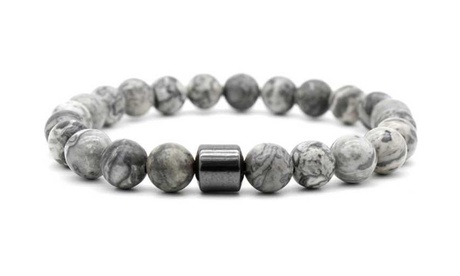 Men'sNatural Healing Stone Hematite Bracelet No Metal Type Stainless Steel Metallic Slate Grey