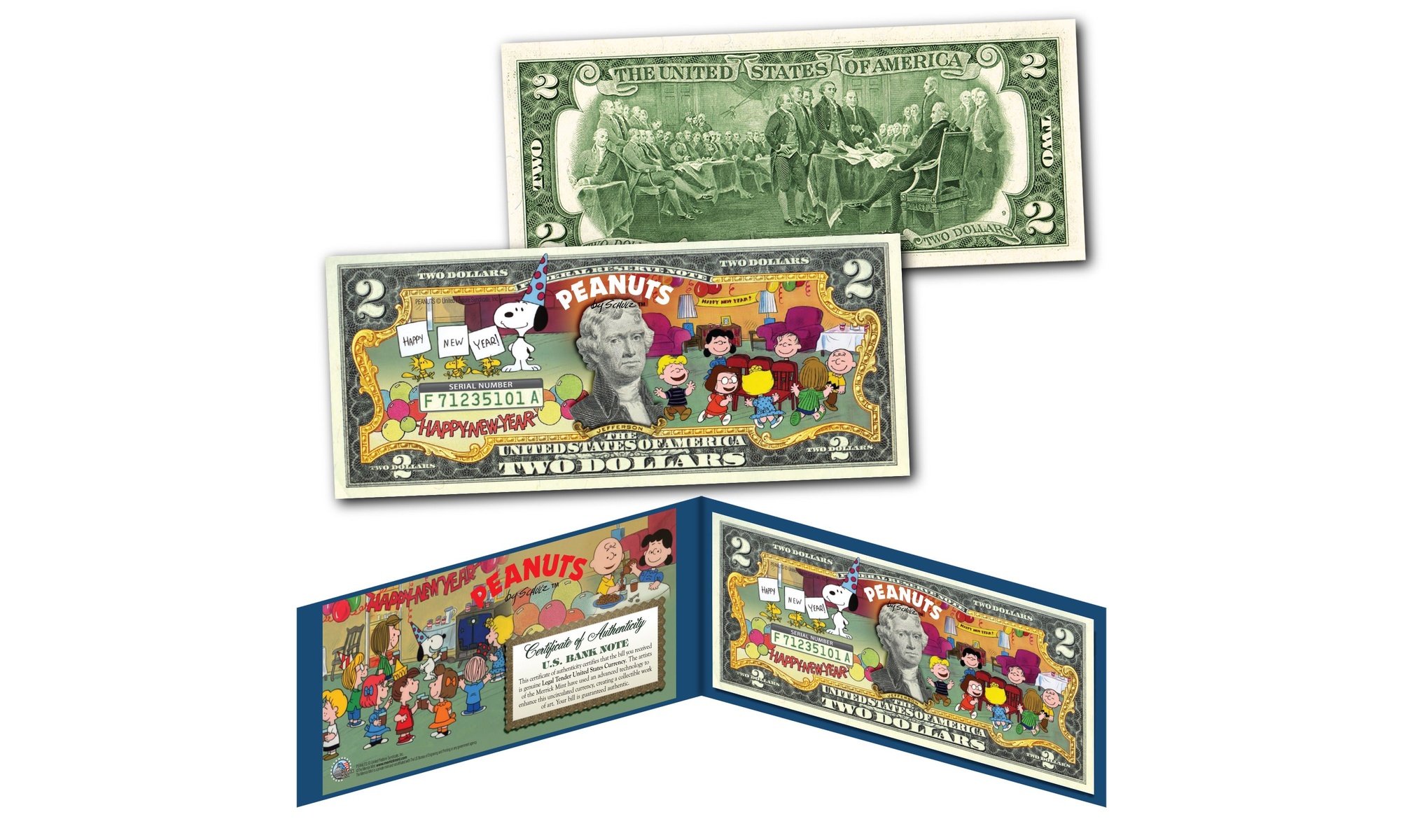 HAPPY NEW YEAR Peanuts - Snoopy - Charlie Brown Genuine U.S. 2.00 Dollar Bill
