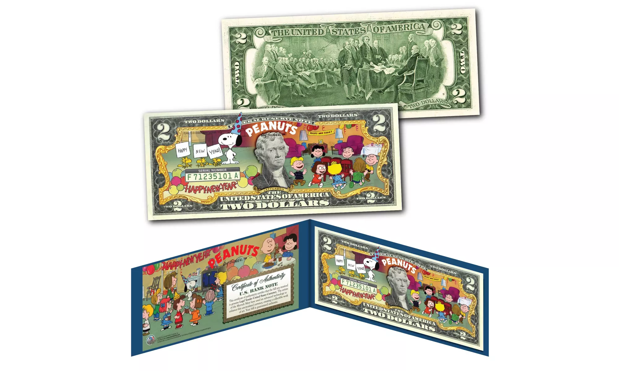 HAPPY NEW YEAR Peanuts - Snoopy - Charlie Brown Genuine U.S. 2 Dollar Bill - Primary Image