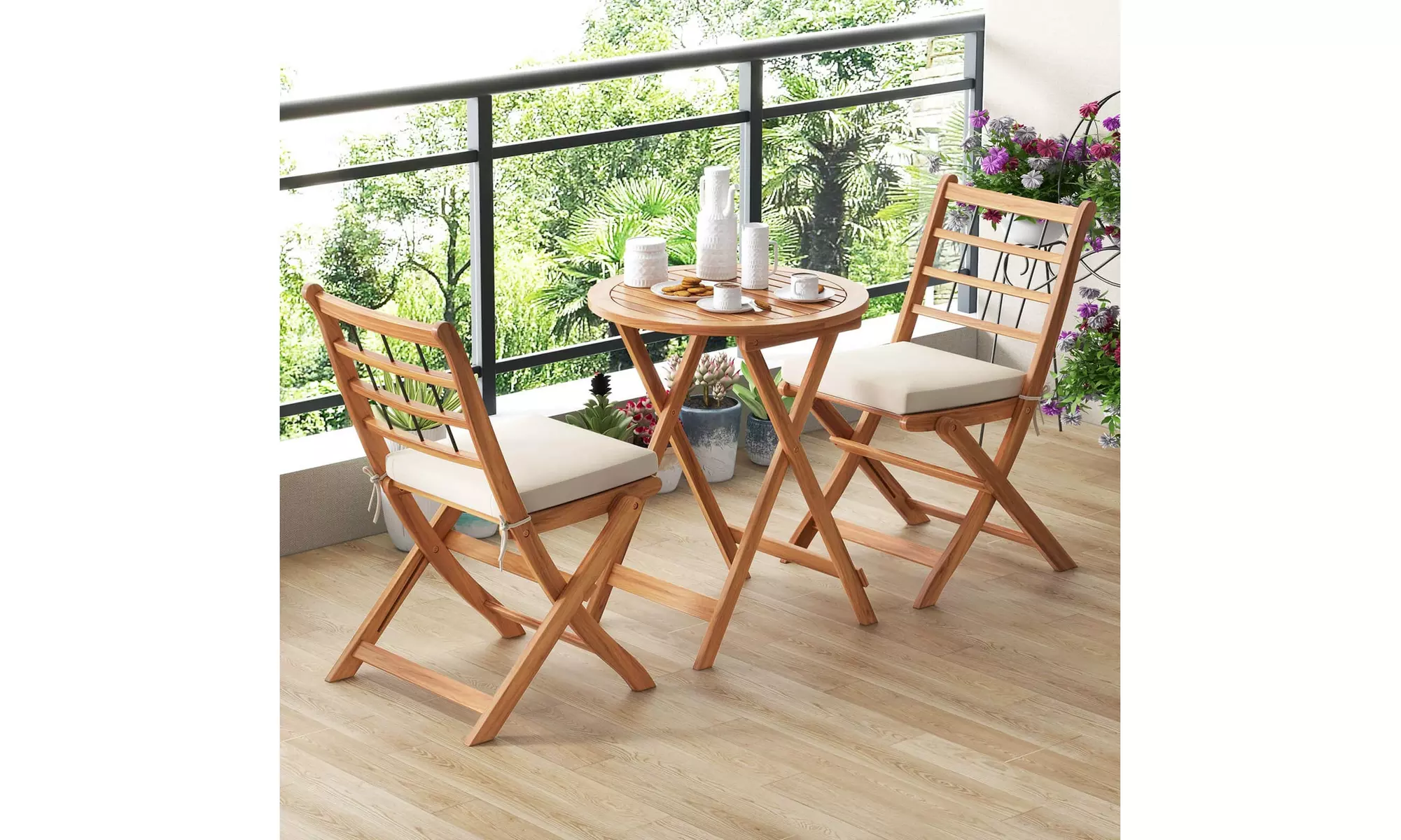 Costway 3 PCS Acacia Wood Patio Bistro Set Folding Outdoor Table and Chairs