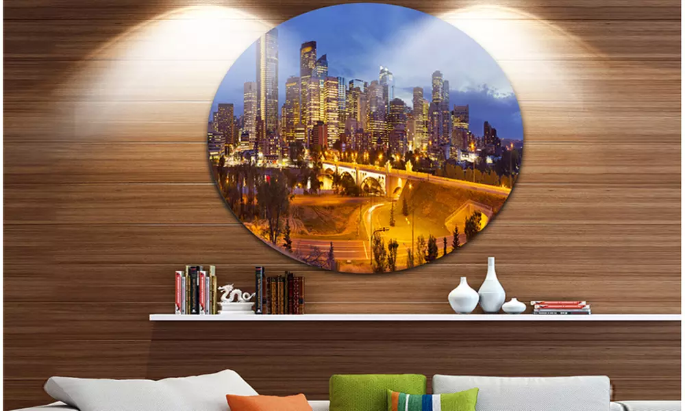 Skyline of Calgary at Night Panorama' Cityscape Metal Circle Wall Art - Primary Image