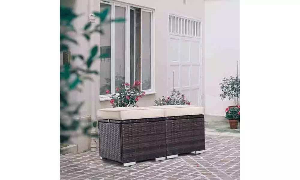 2 Pieces Outdoor Ottoman Patio Foot Rest PE Rattan Foot Stool with Storage