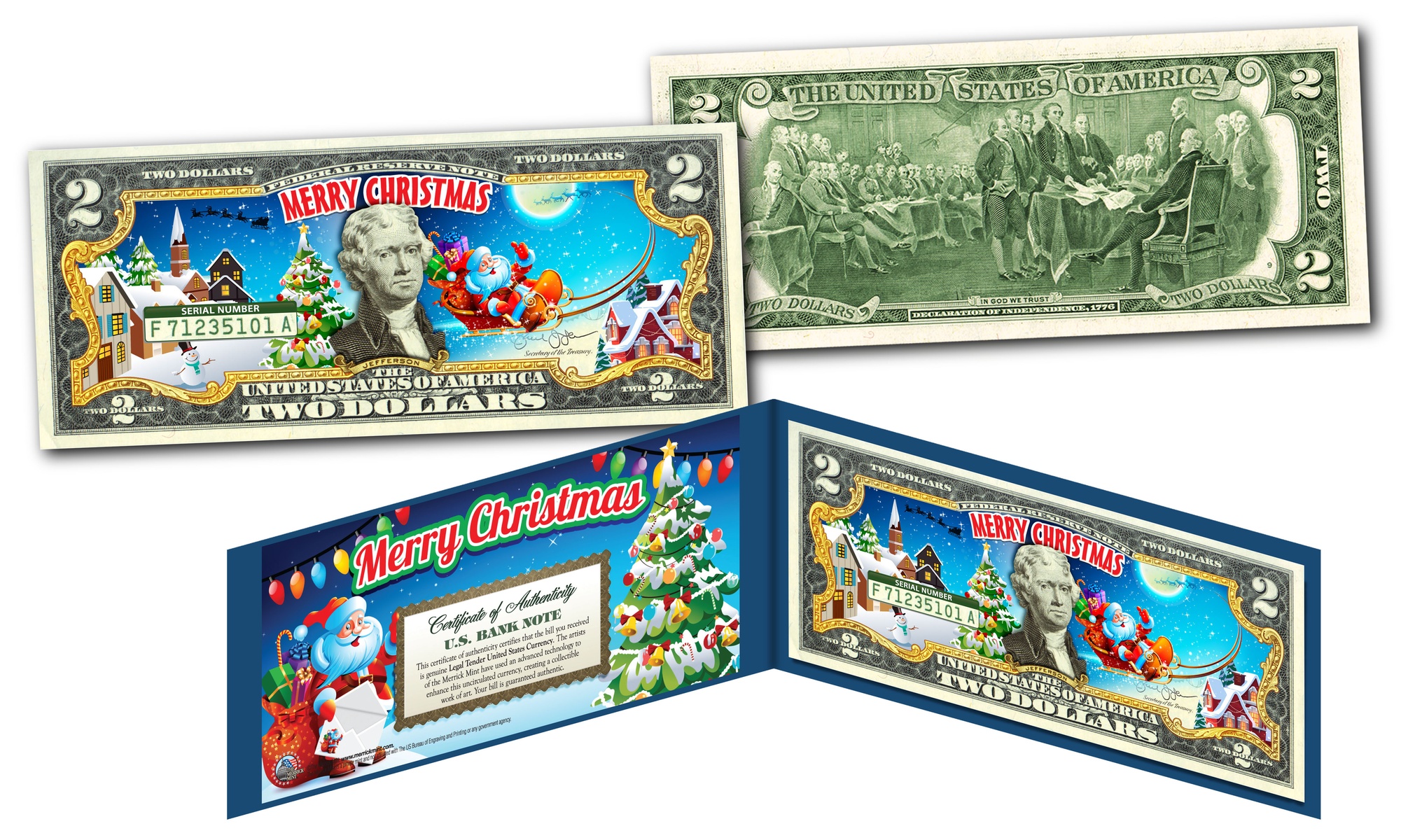Cute CARTOON SANTA Christmas  Colorized Two Dollar Bill - Best Stocking Stuffer!