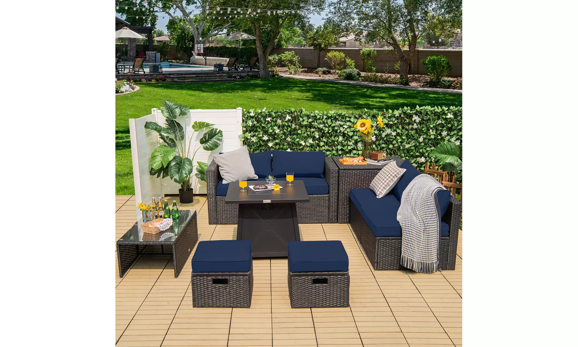 Costway 9PCS Patio Rattan Furniture Set Fire Pit Space-saving W/Cover  Cushion