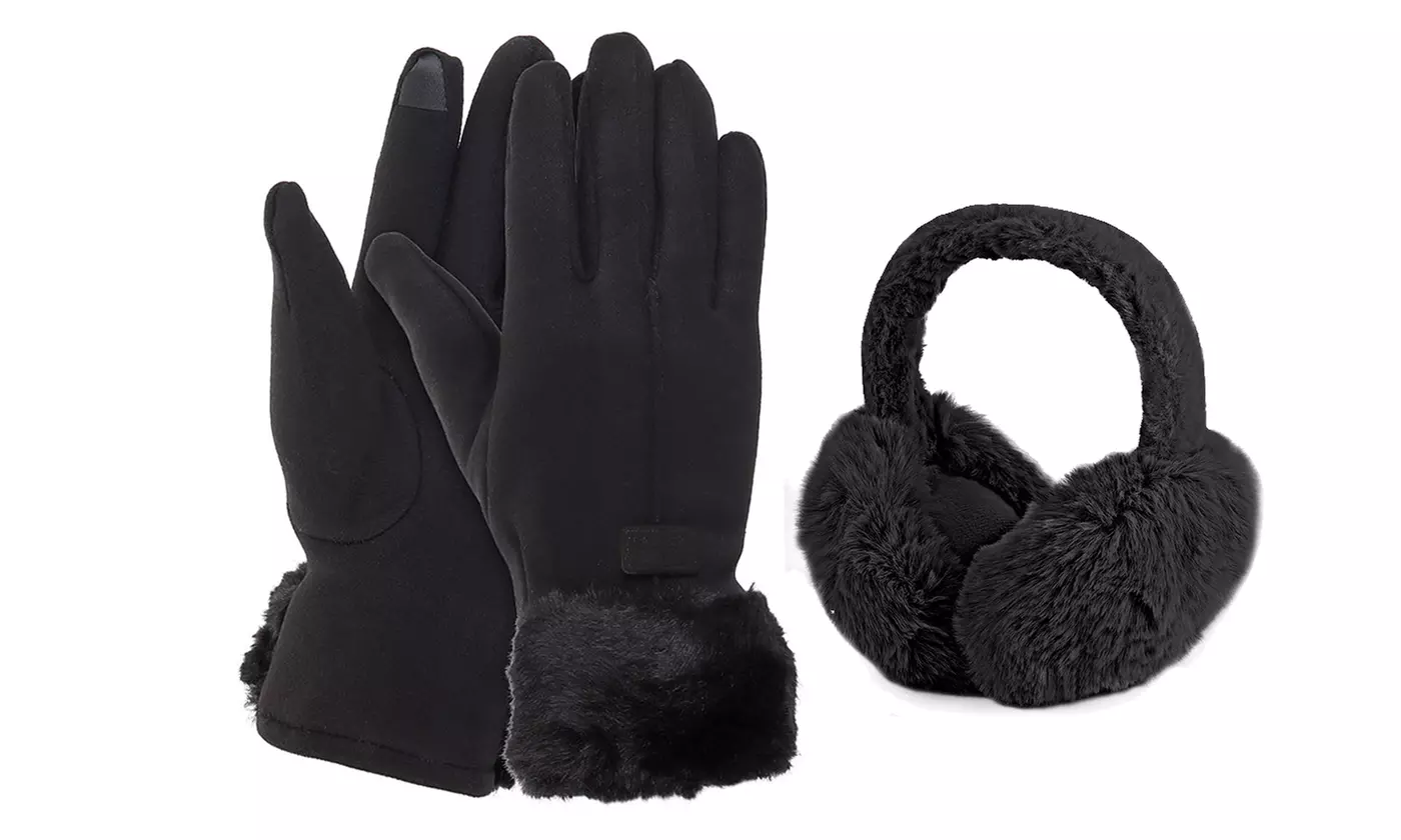 Womens Winter Glove Foldable Faux Fur Earmuffs Set