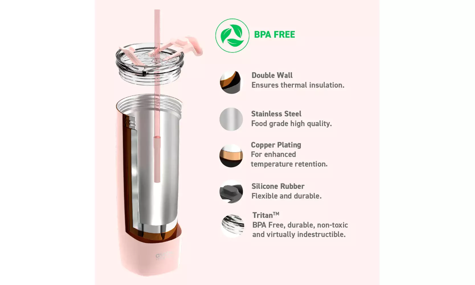 Asobu Aqualina 20oz Insulated Tumbler Water Bottle with Leakproof Lid and Straw