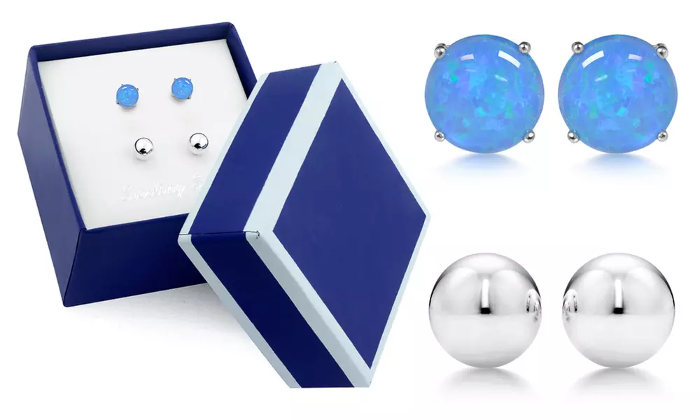 Sterling Silver Blue Opal and Ball Stud Duo Set In a Box By MUIBLU Gems - Primary Image