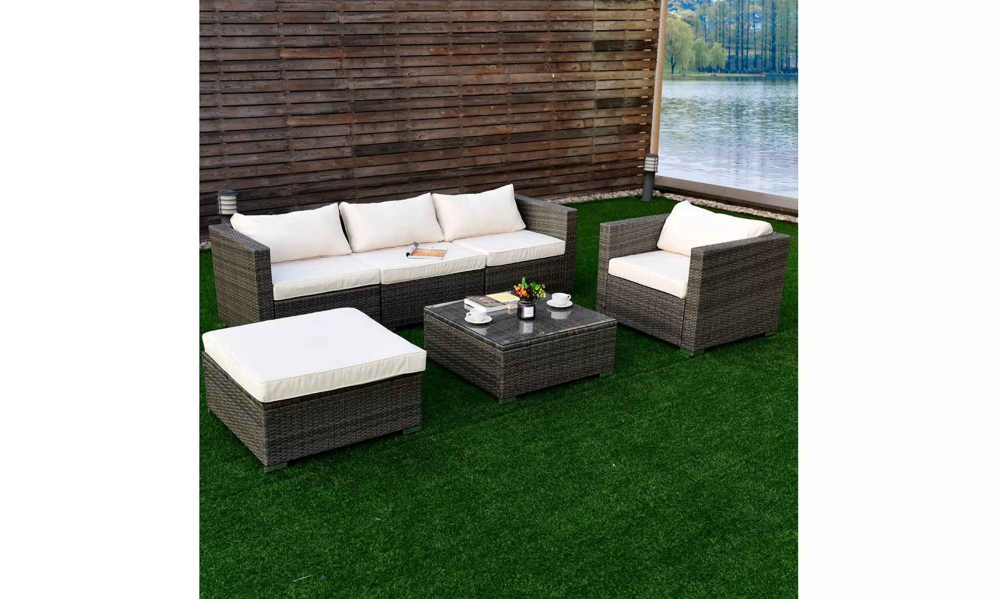 Costway 6PC Patio Garden Rattan Furniture Set Sofa Table W/2 Set Cushion Cover - Primary Image