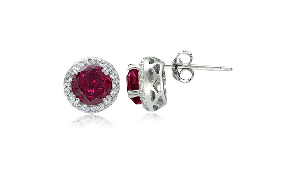 Sterling Silver 3.1ct Created Ruby & White Topaz Halo Stud Earrings