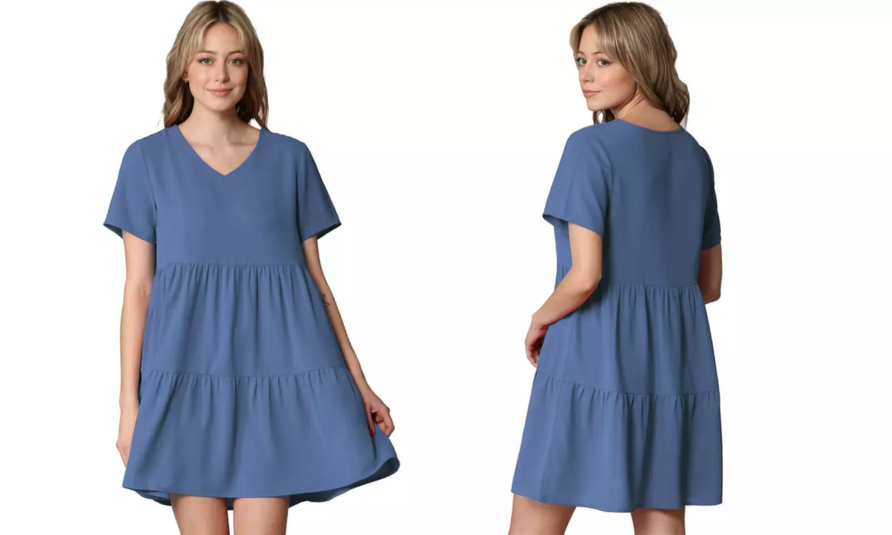Made By Johnny Casual Flowy Swing Shift Short Sleeve Tiered Dress