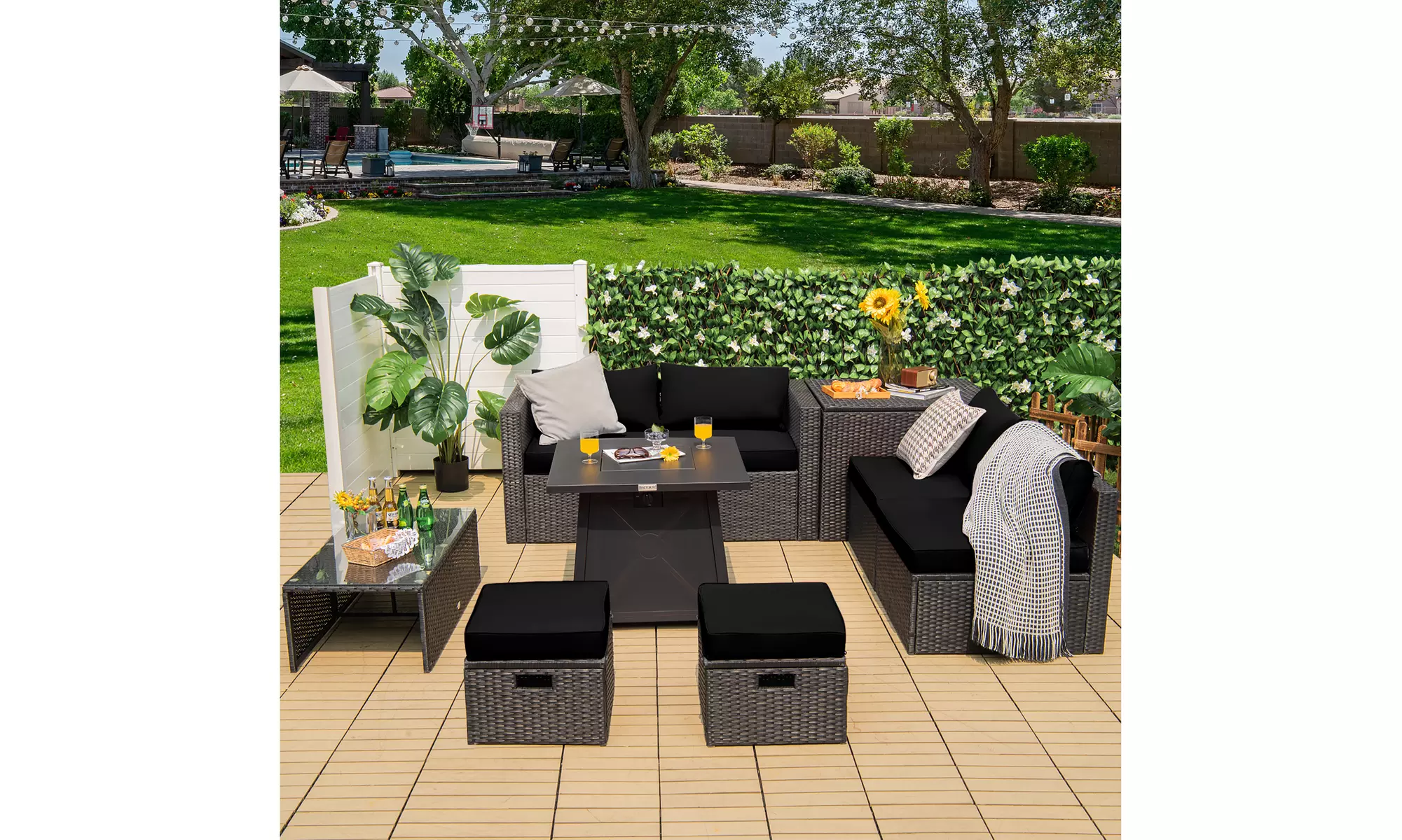 Costway 9PCS Patio Rattan Furniture Set Fire Pit Space-saving W/Cover  Cushion