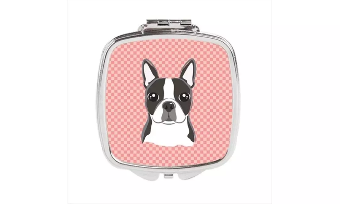 Carolines Treasures BB1203SCM Checkerboard Pink Boston Terrier Compact Mirror - Second Medium