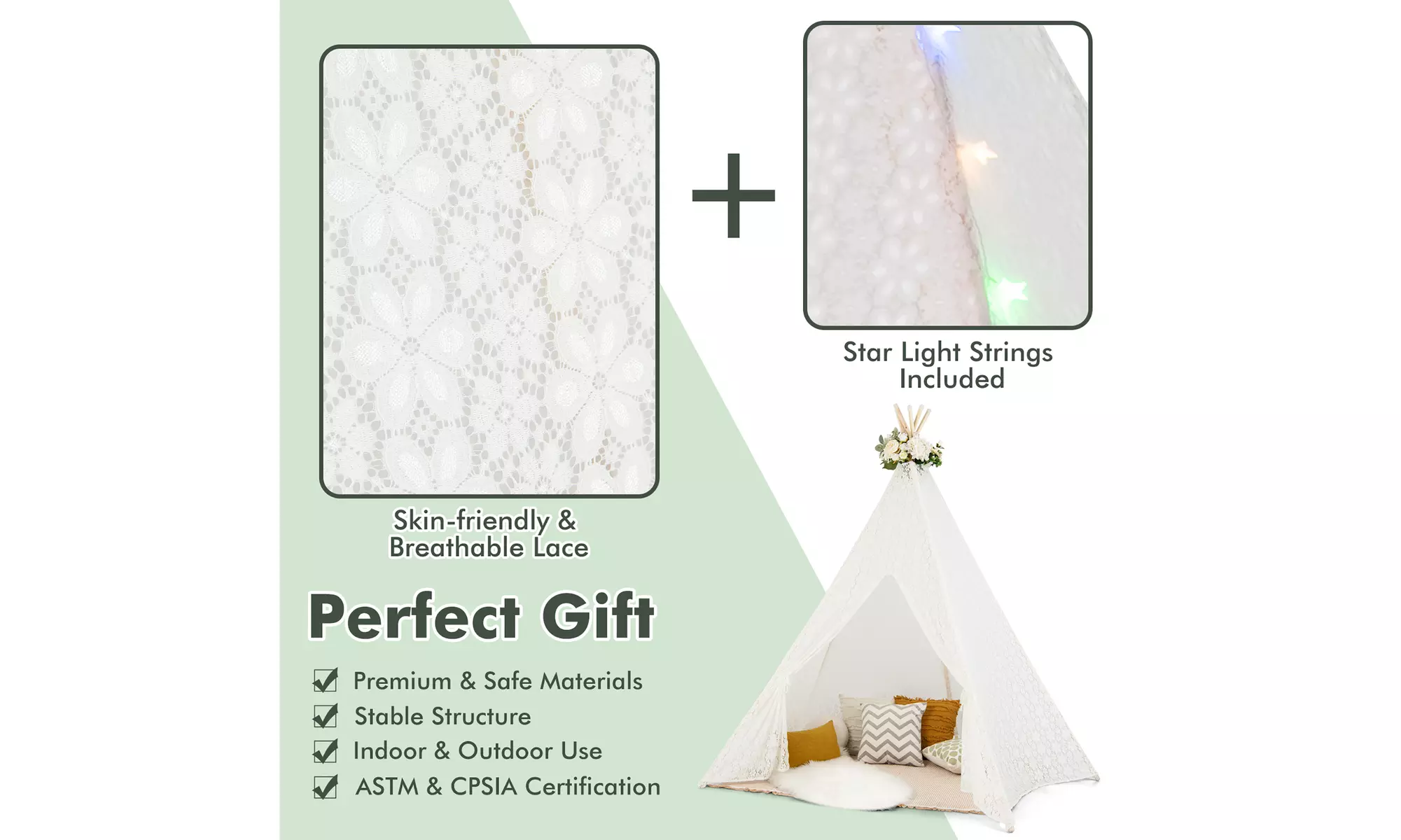 Costway 85'' Height 5 Sides Huge Lace Play Tent for Kids Adult Wedding w/ Light