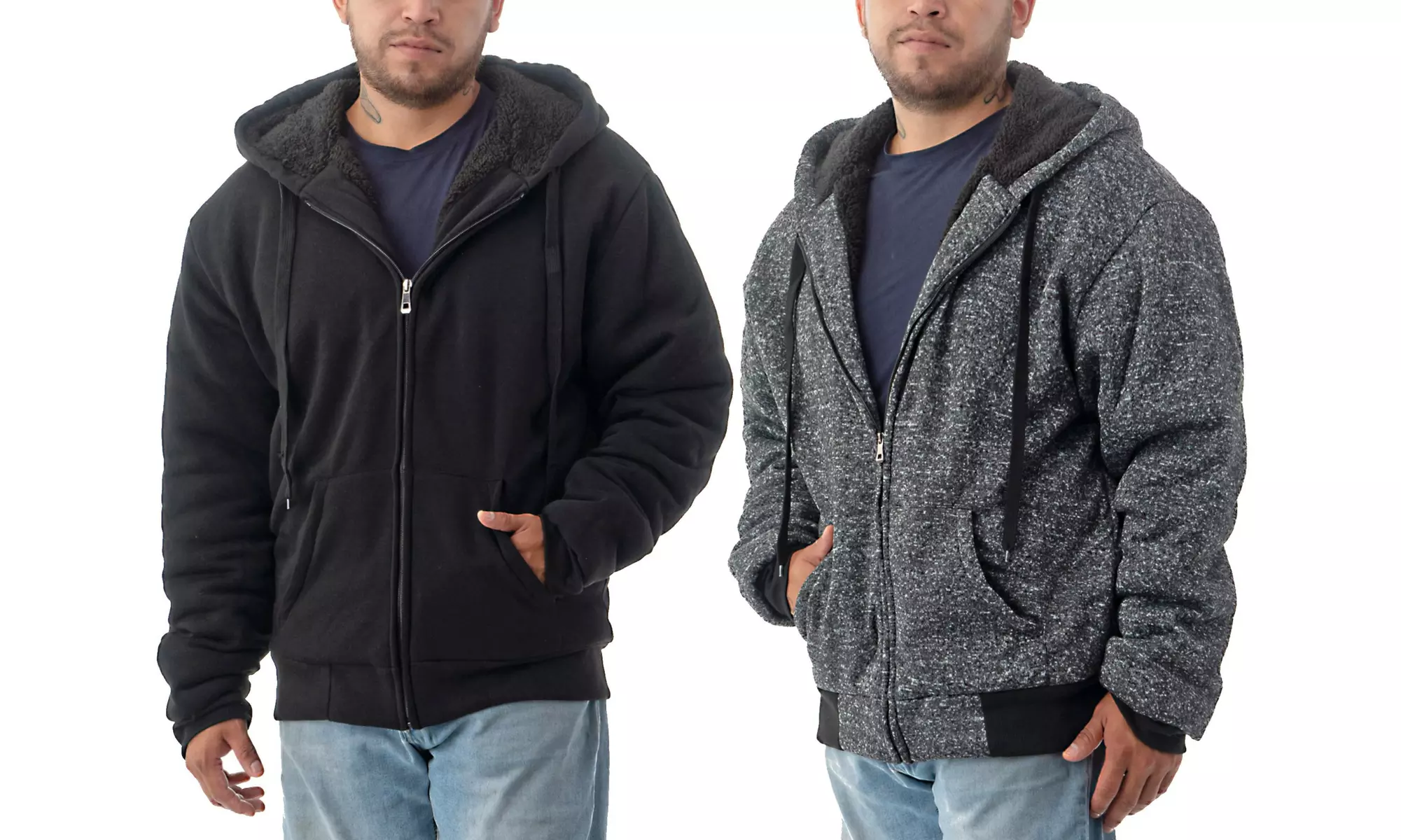2 Pack Men's Sherpa Lined Hoodie Jacket - Full Zip Heavy Duty Winter Sweatshirts