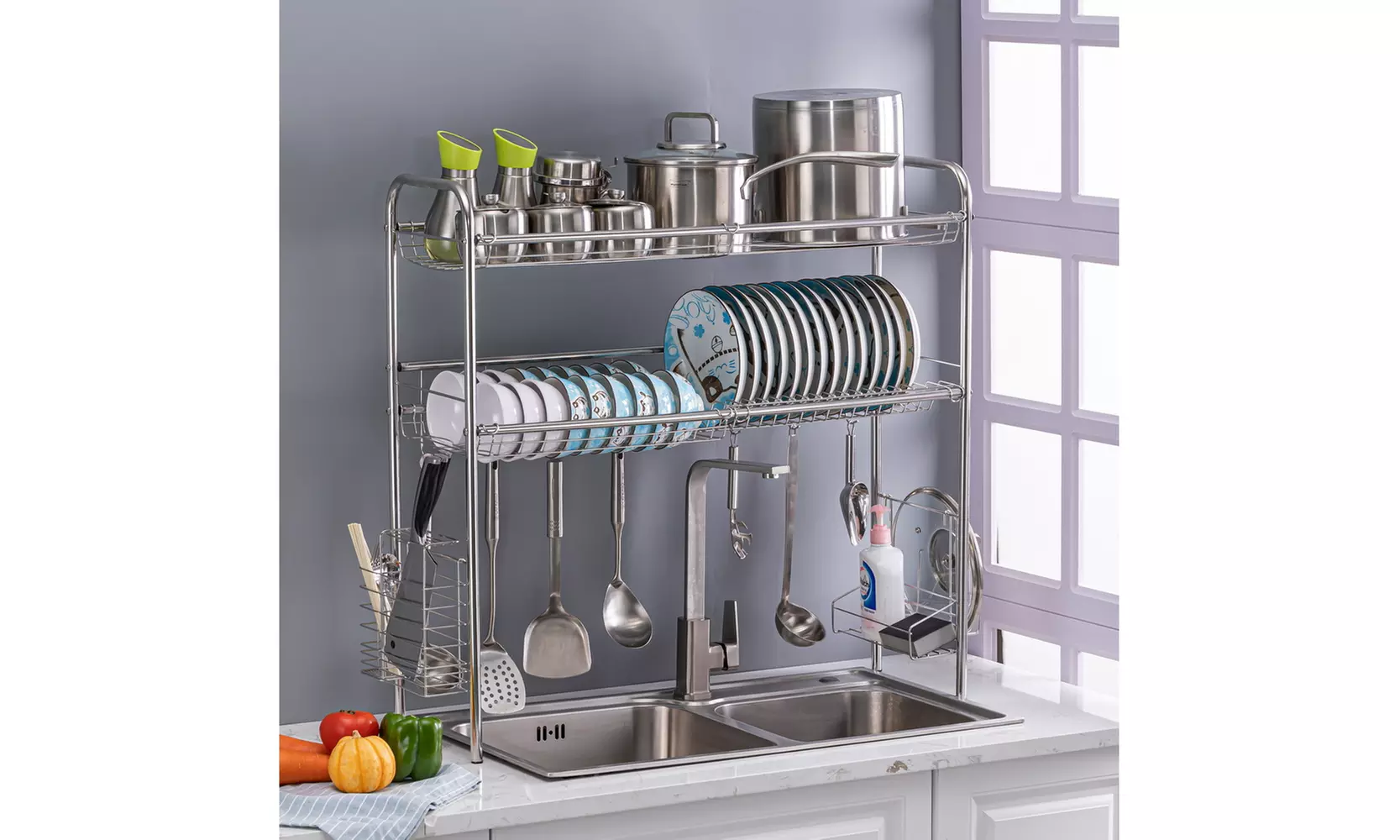 2-Shelf  Stainless Steel Over Sink Dish Rack Kitchen Organization Storage - Primary Image