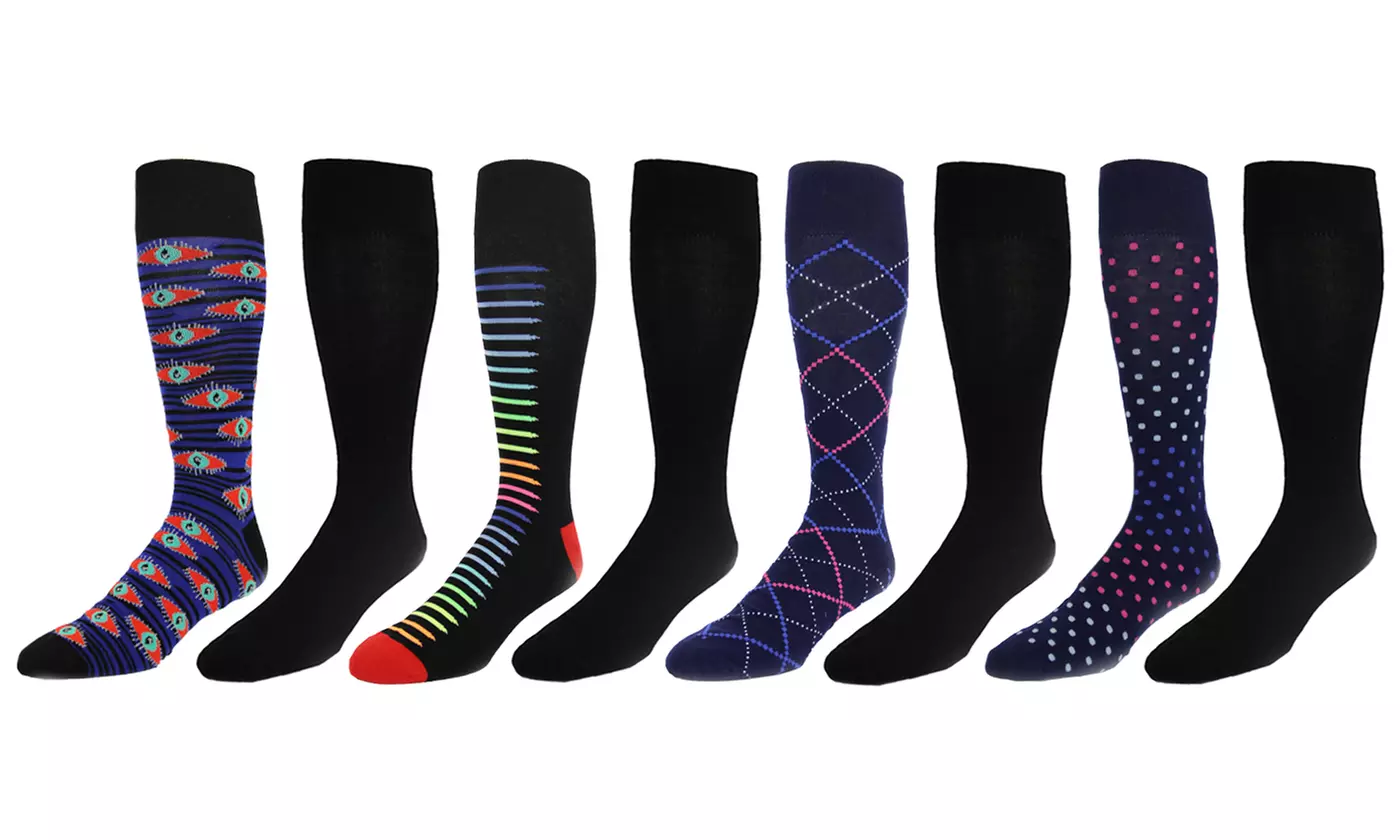 8 Pairs Men's Funky and Solid Black Cotton Blend Dress Socks - Second Medium