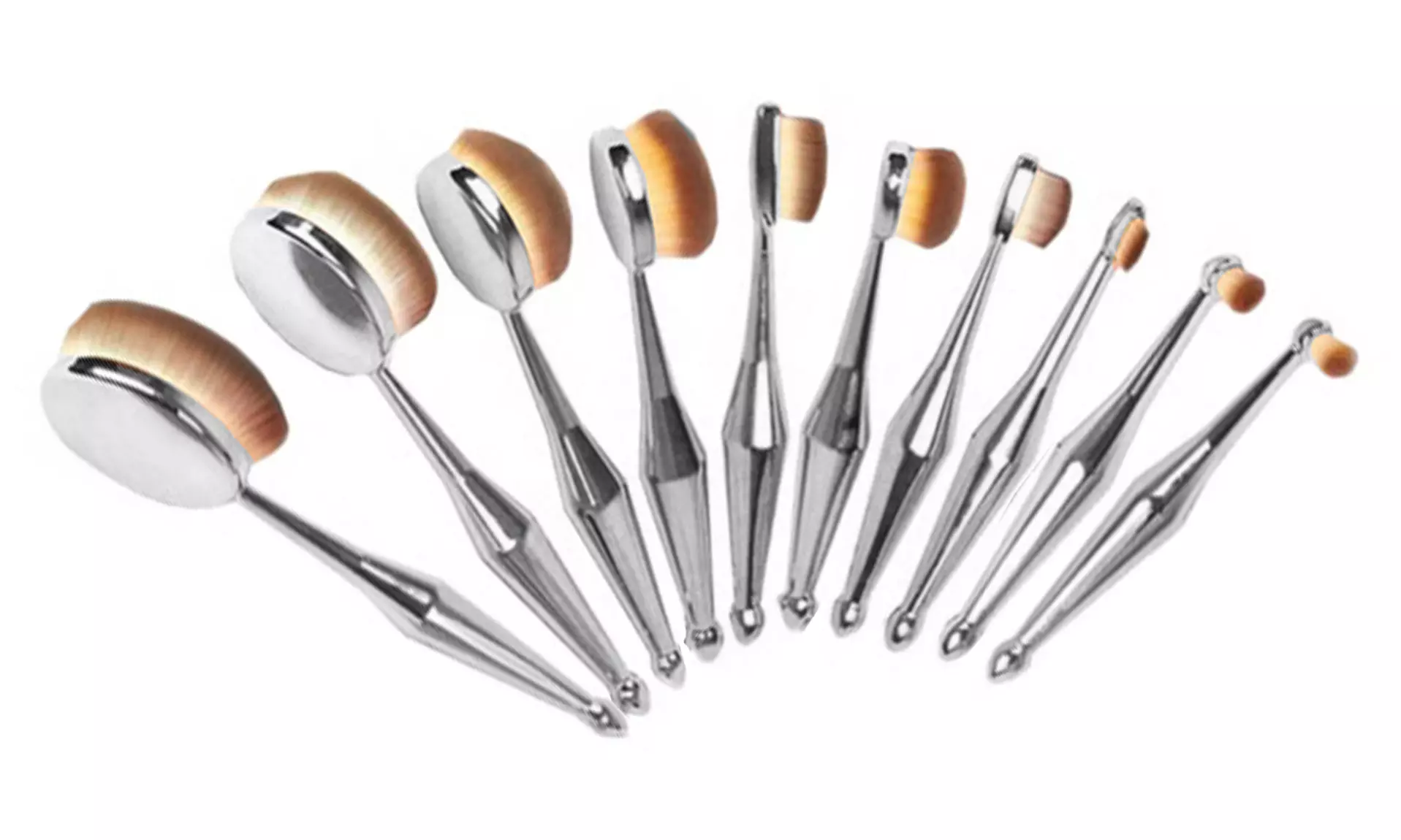 Stylish Metallic Oval Cosmetic Makeup Brush Set - 10 Piece - Second Medium