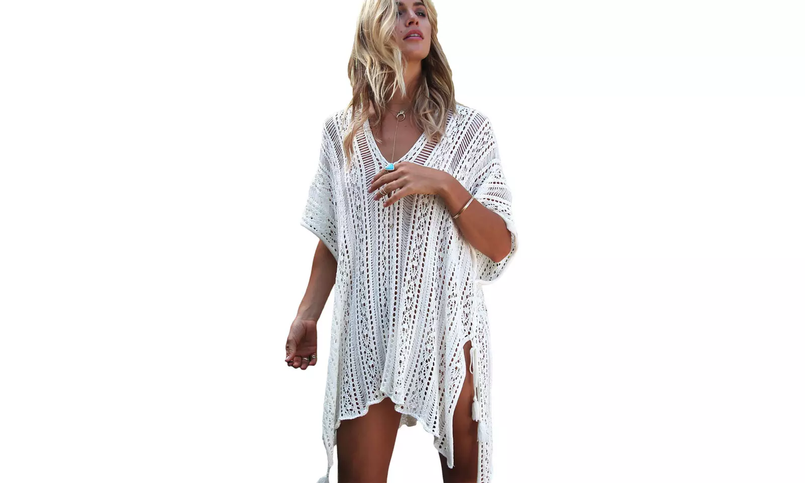 Women's Crochet Knitted Tassel Tie Kimono Beachwear - Primary Image