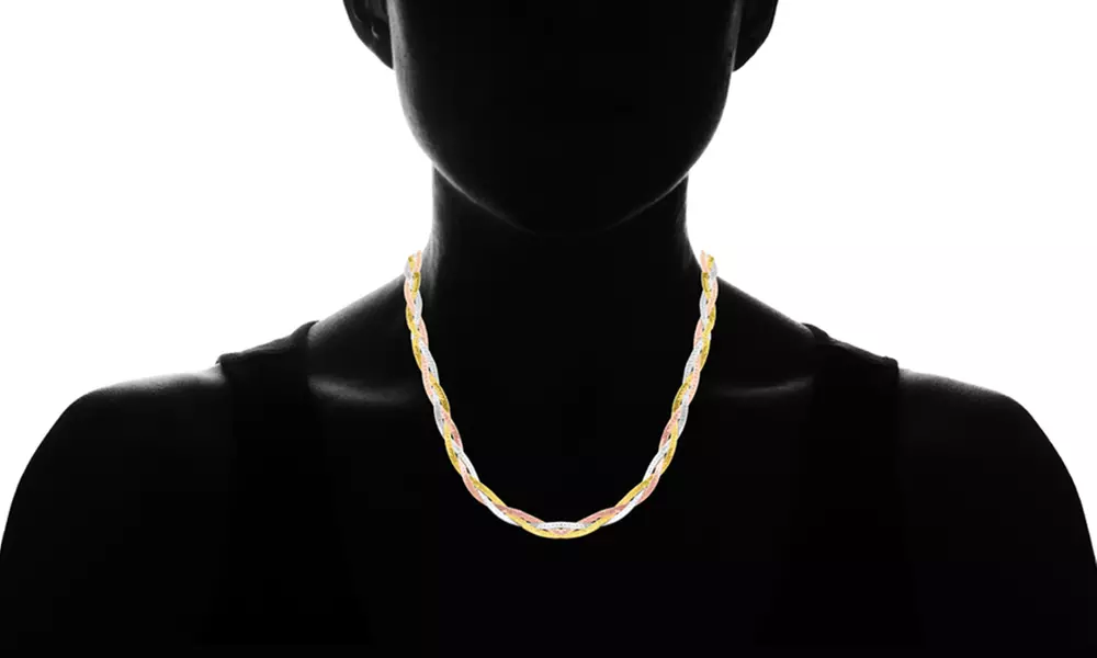 18" Braided Herringbone Necklace in Silver with Tri Color Plating - Second Medium