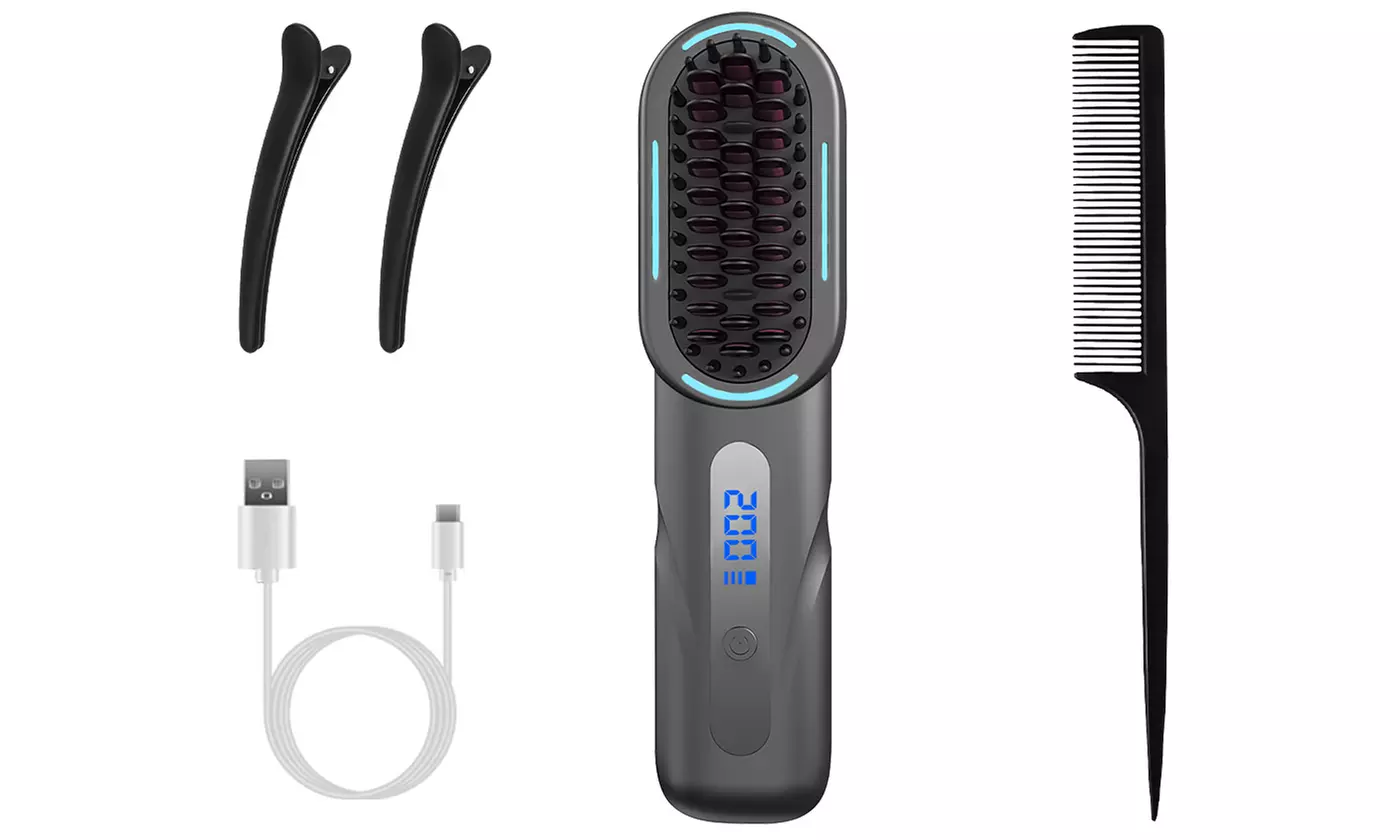 iMounTEK Mini Cordless Hair Straightener Brush with Four Adjustable Heat Levels
