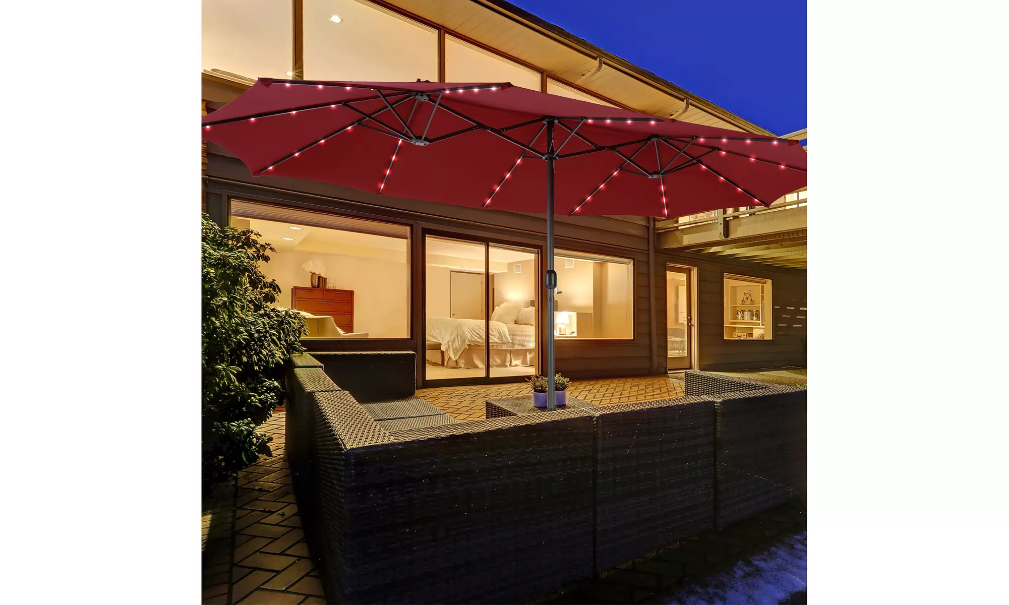 Costway 15FT Twin Patio Double-Sided Umbrella 48 Solar LED Lights Crank Outdoor