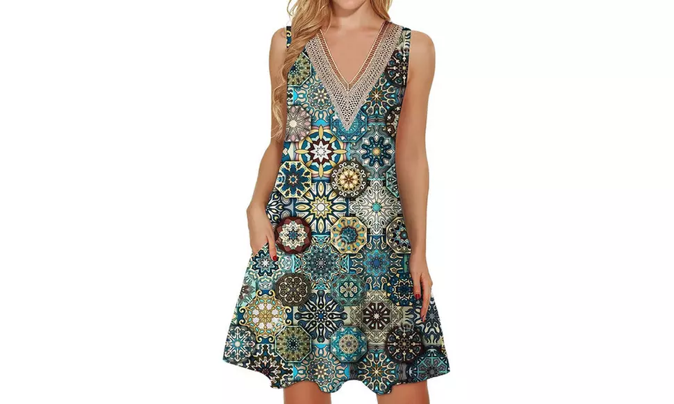 Women Lace Trim V Neck Sleeveless Dress with Pockets S-2X