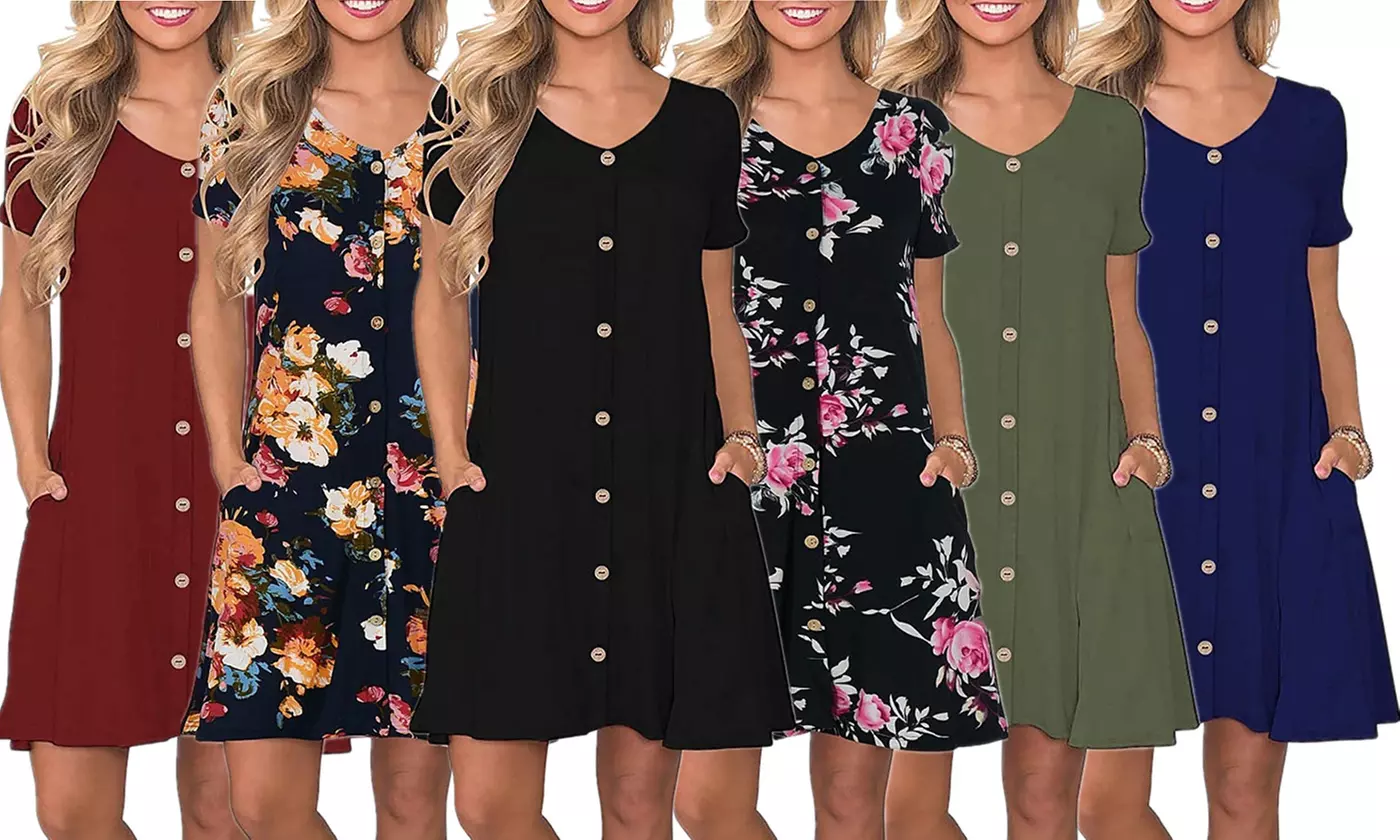LESIES Women's Summer Casual Tunic Dresses Button Down Swing Dress with Pockets