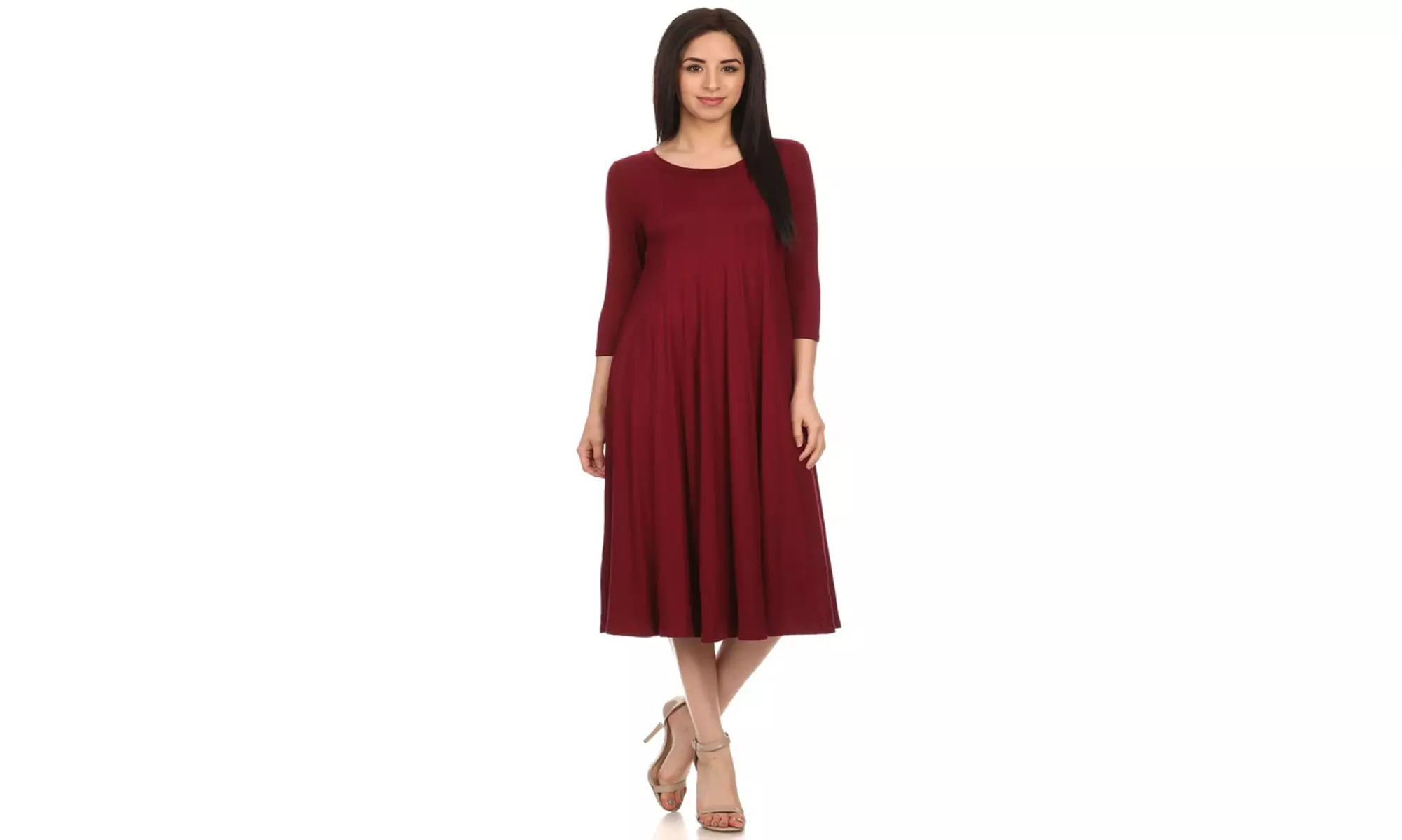 Women's Solid Casual Comfy 3/4 Sleeve Loose Fit A-line Midi Dress