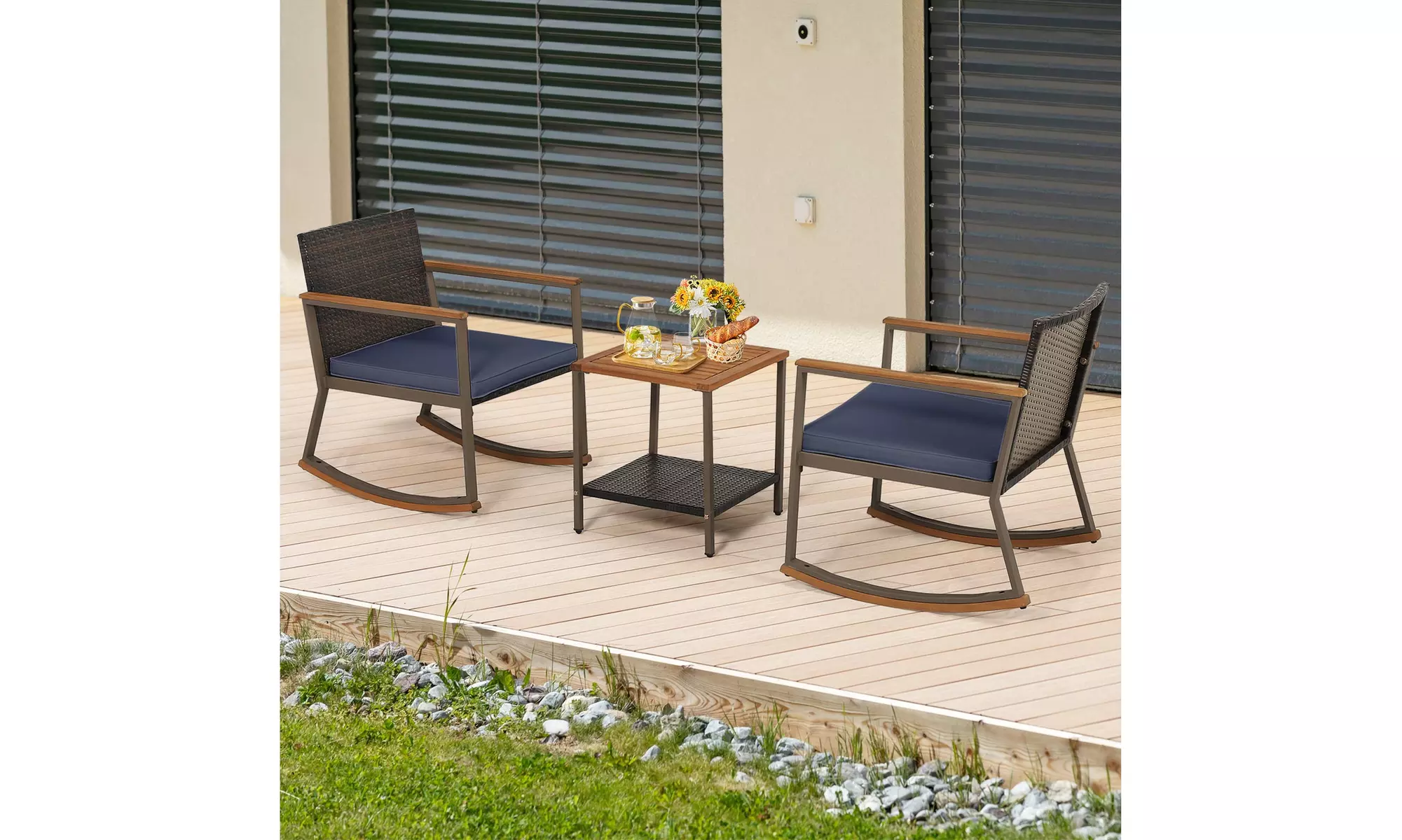 Costway 3 PCS Patio Rattan Rocking Chair Bistro Set Armrest Cushion Table