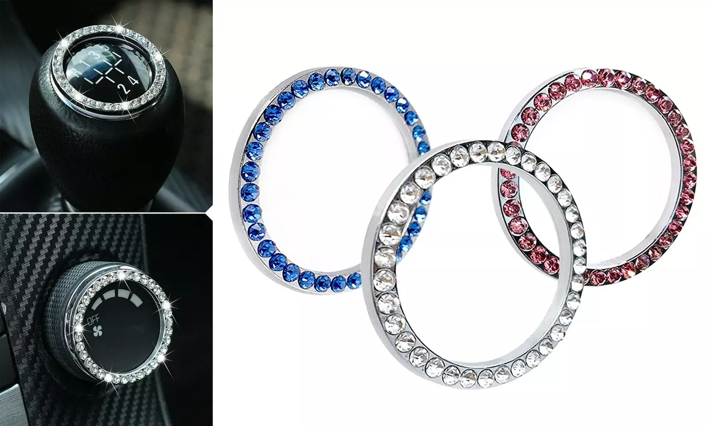 2Pcs Crystal Car Bling Rings Emblem Rhinestone Ignition Button Decal Decor - Primary Image