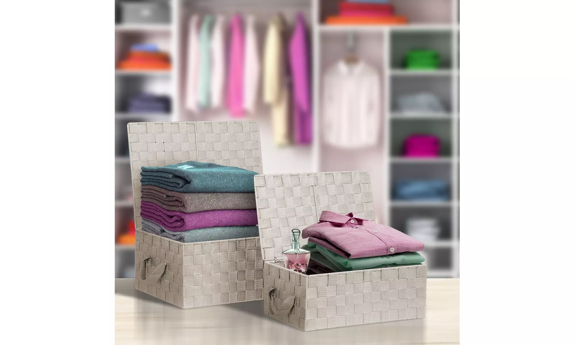 3-Pack Storage Box w/ Lid for Closet & Shelves - Woven Fabric Basket Organizer