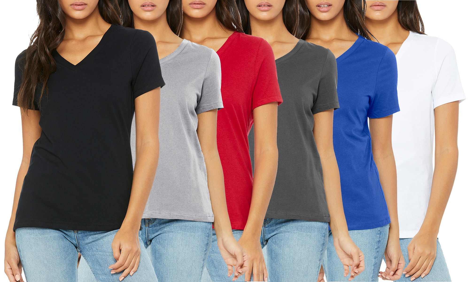 6-Pack Women's Loose Fit Short Sleeve V-Neck Classic Tee