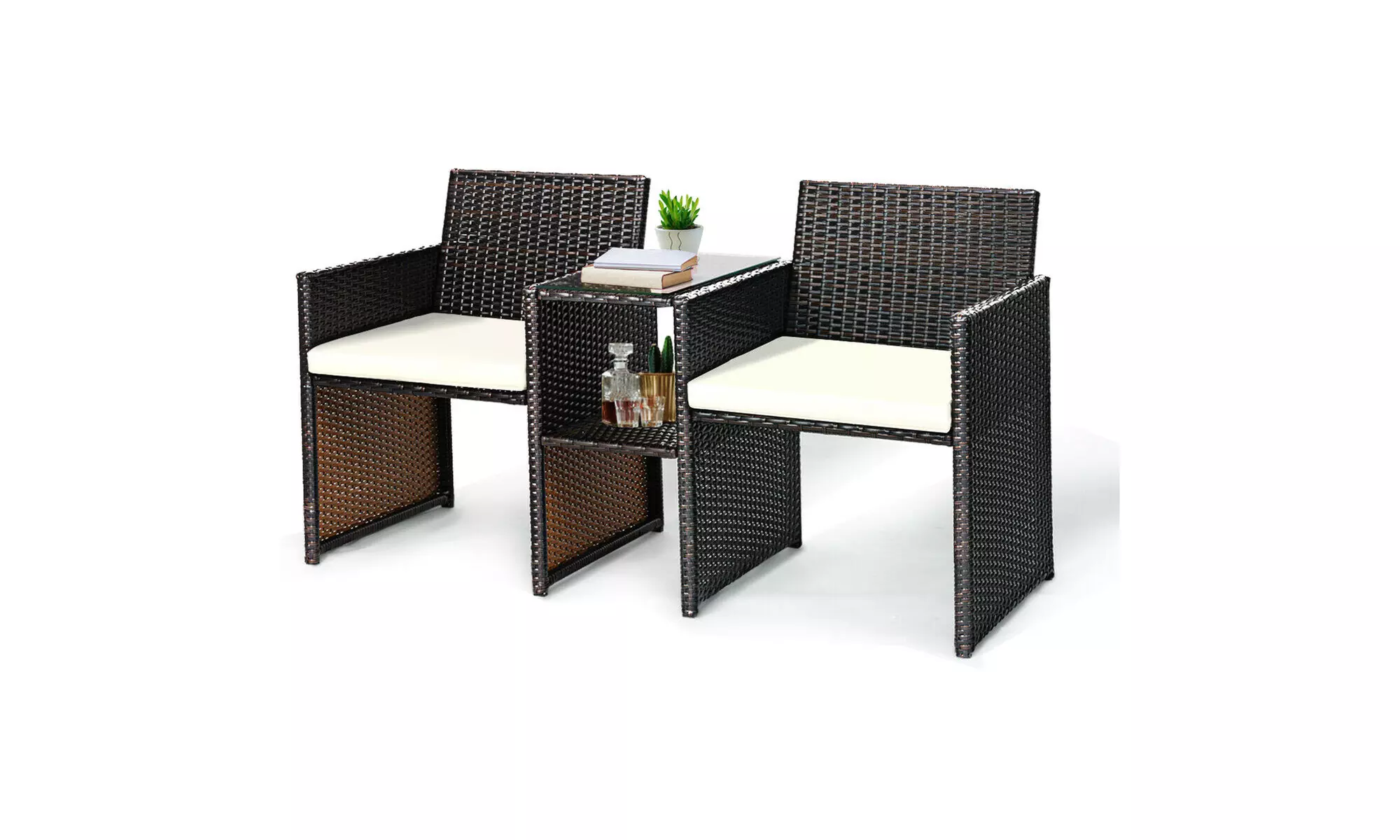 Costway Patio Rattan Loveseat Table Chairs Chat Set Sofa Conversation Cushioned - Primary Image