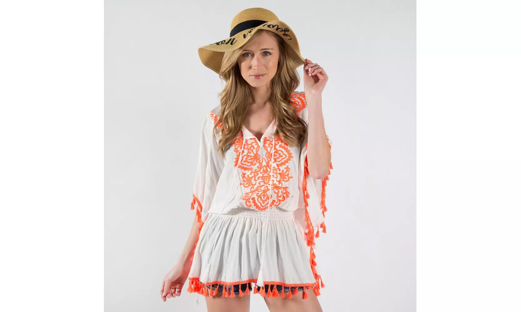 Cute Women's Beachy Embroidered Poncho with Tassels, One Size - Primary Image