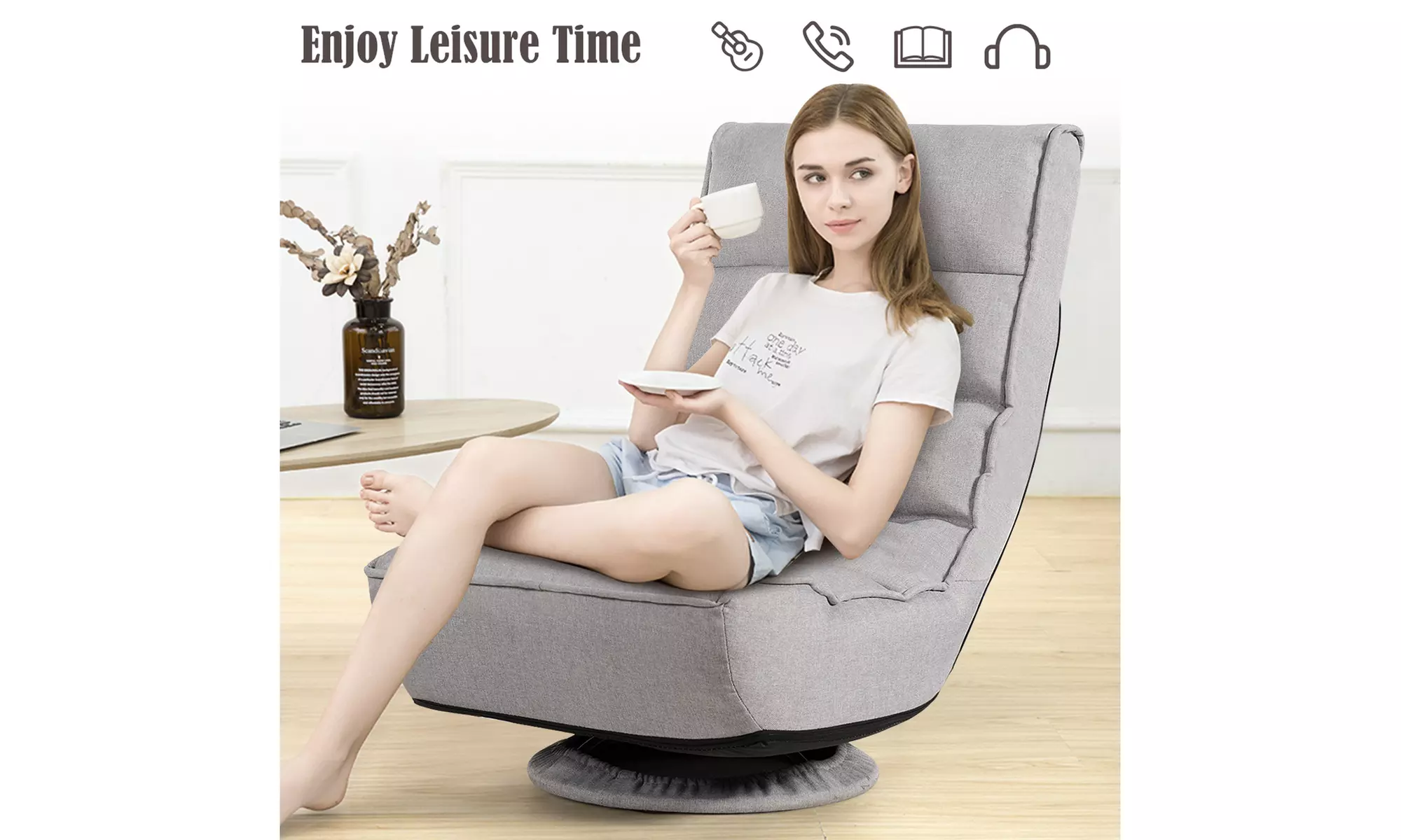 Folding Game Chair Floor Lazy Sofa 4-Position Adjustable 360 Degree Swivel Gray