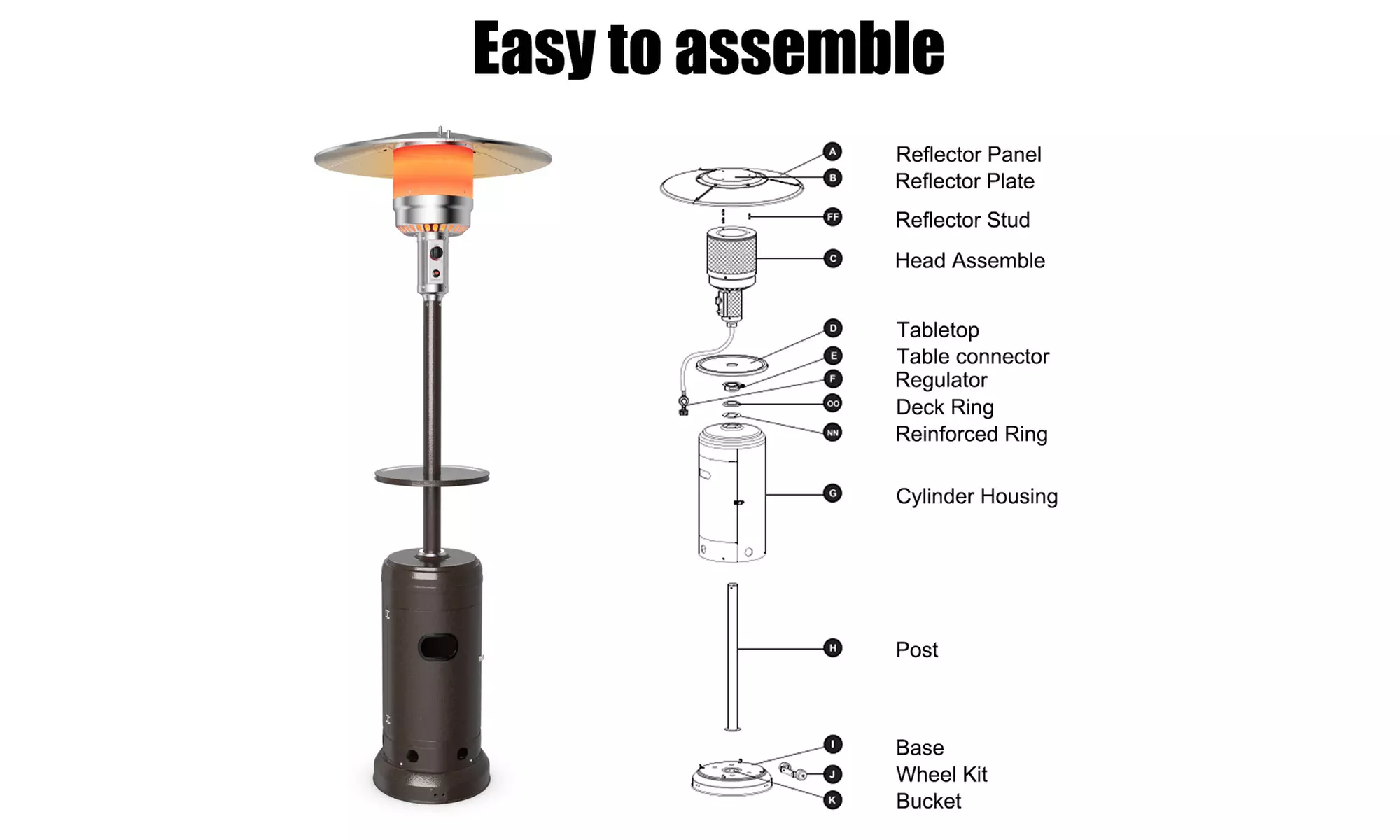 Outdoor Patio Heater Propane Standing LP Gas Steel W/Table & Wheels Silver